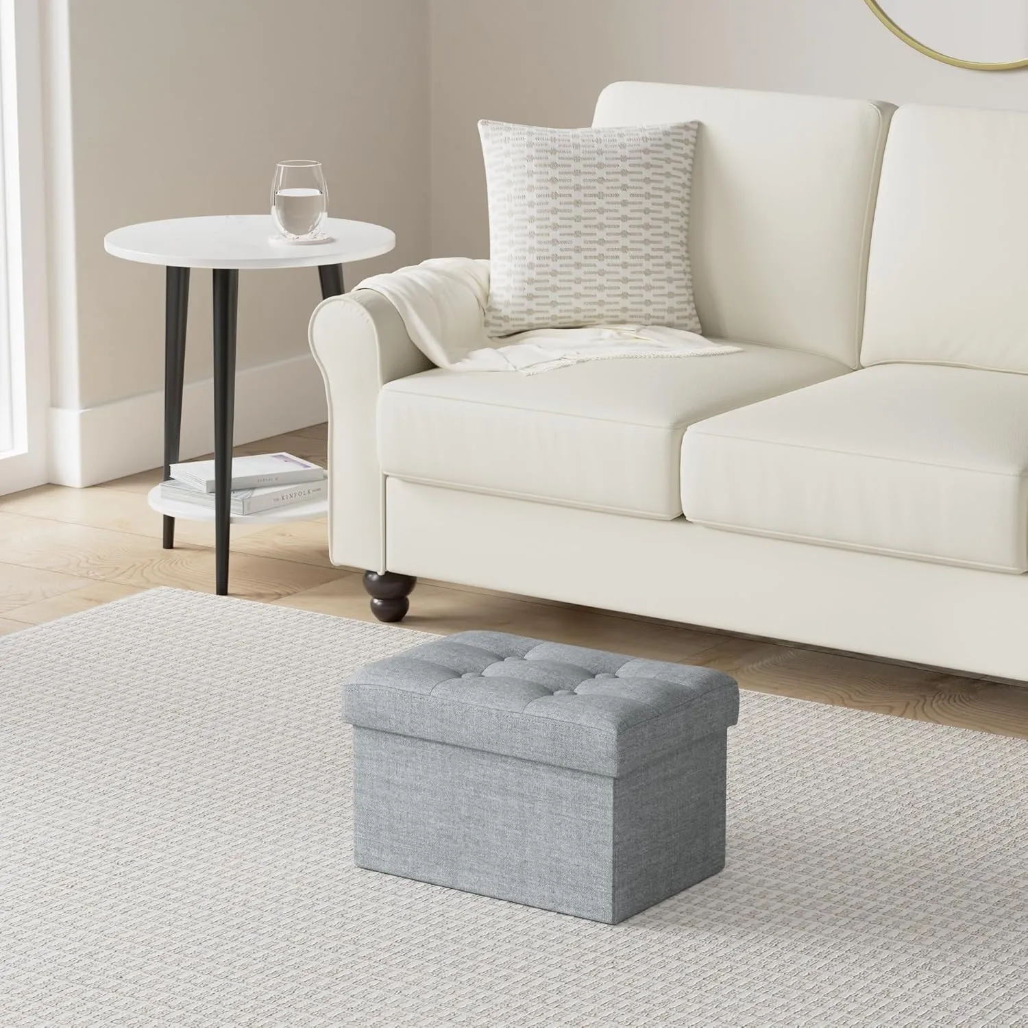 LINMAGCO Small Storage Ottoman Stool Foot Rest Stool Under Desk Stool Short Ottoman Folding Ottoman Linen Cloth Light Gray 16X12X12IN