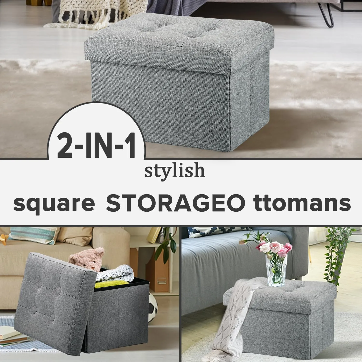 LINMAGCO Small Storage Ottoman Stool Foot Rest Stool Under Desk Stool Short Ottoman Folding Ottoman Linen Cloth Light Gray 16X12X12IN