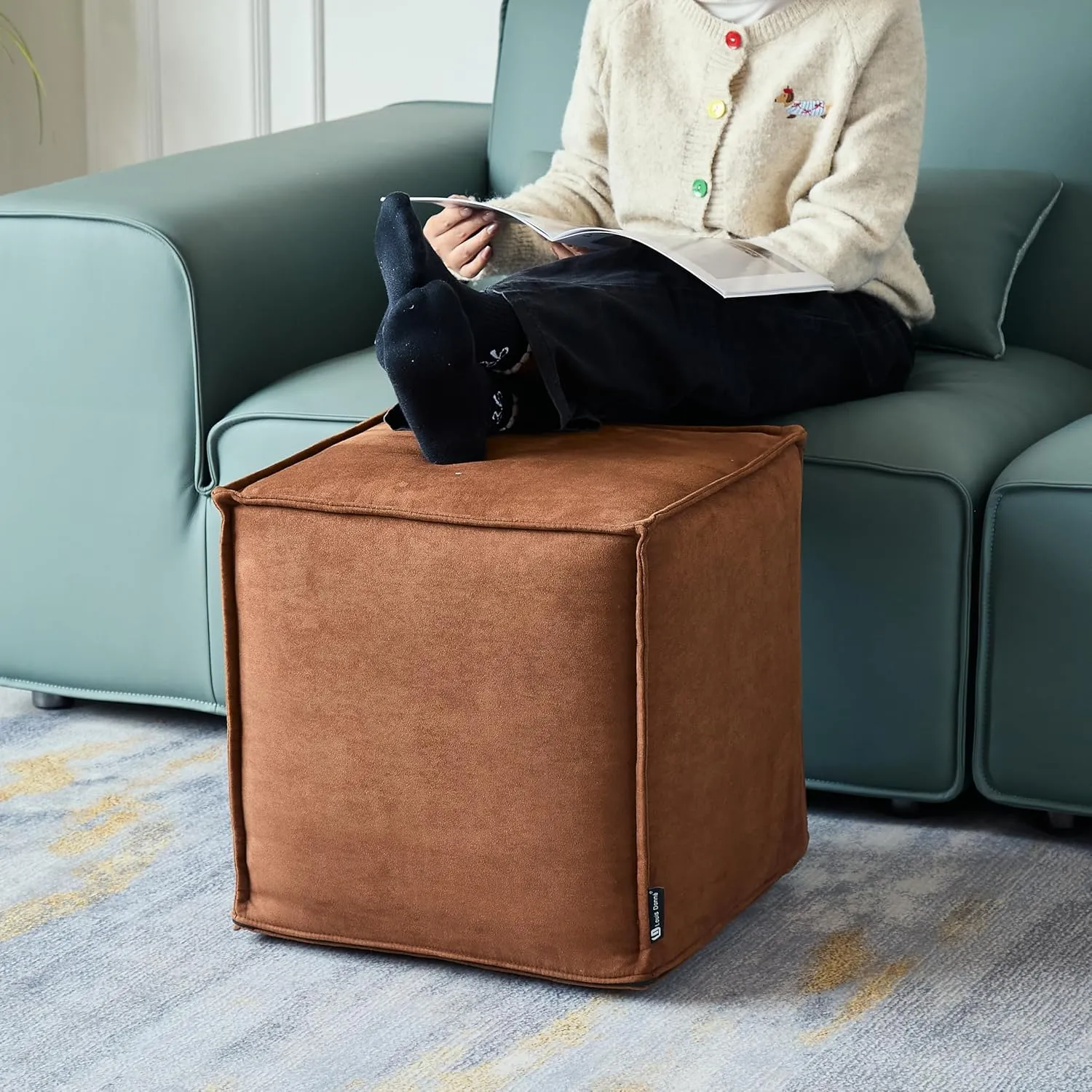 Louis Donné Square Unstuffed Pouf Ottoman Cover Foot Stool Poofy Ottomans Foot Rest small bean bag for Living room Decoration Floor Cushion Storage washable Brown microfaber Fabric(only Cover)NoFiller