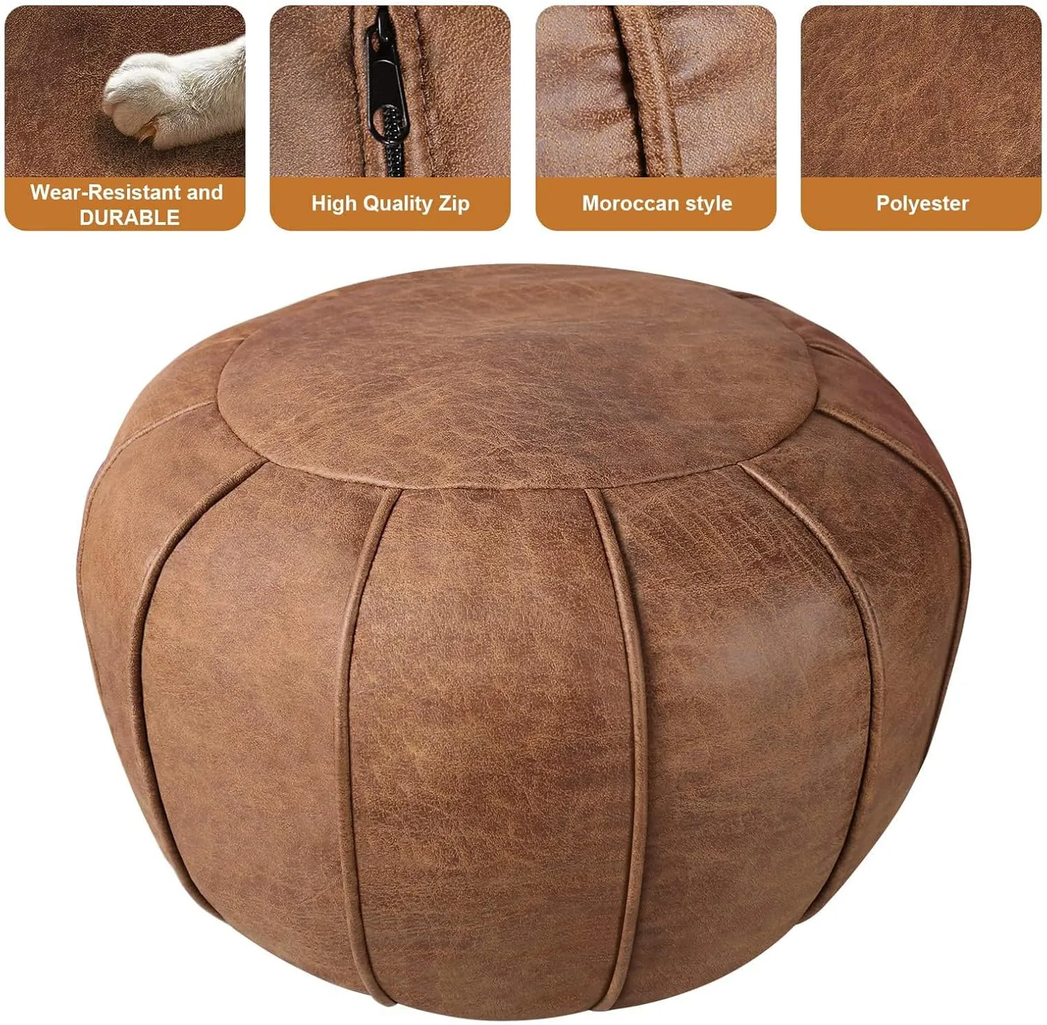 Louis Donné Unstuffed Pouf Ottoman, Round Supersoft Handmade Home Decoration Pouf Cover, Storage can be fullfilled Solution, Foot Rest, Footstool, Pouffe Balcony Office Indoor Brown (Only Cover)
