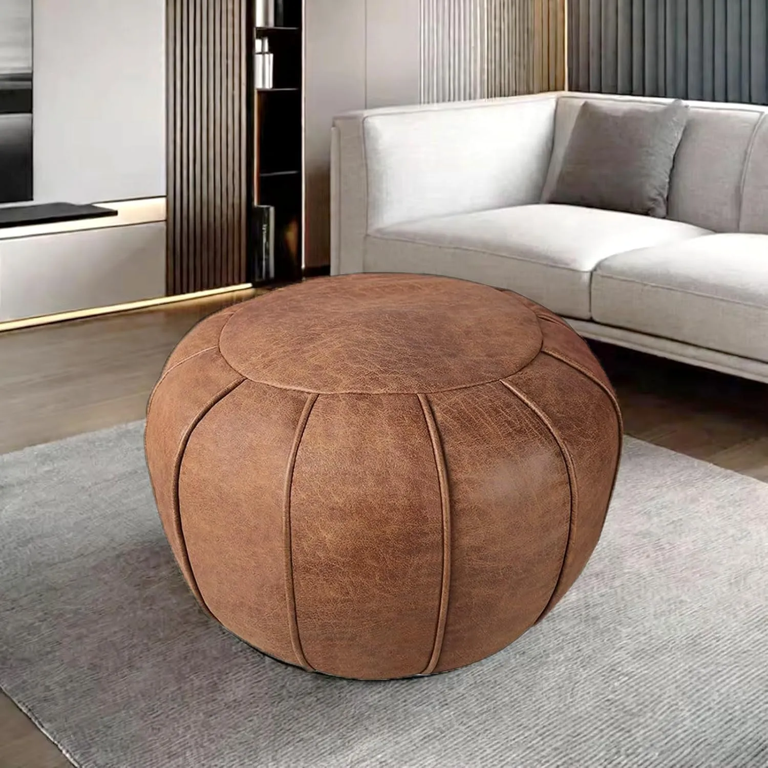 Louis Donné Unstuffed Pouf Ottoman, Round Supersoft Handmade Home Decoration Pouf Cover, Storage can be fullfilled Solution, Foot Rest, Footstool, Pouffe Balcony Office Indoor Brown (Only Cover)