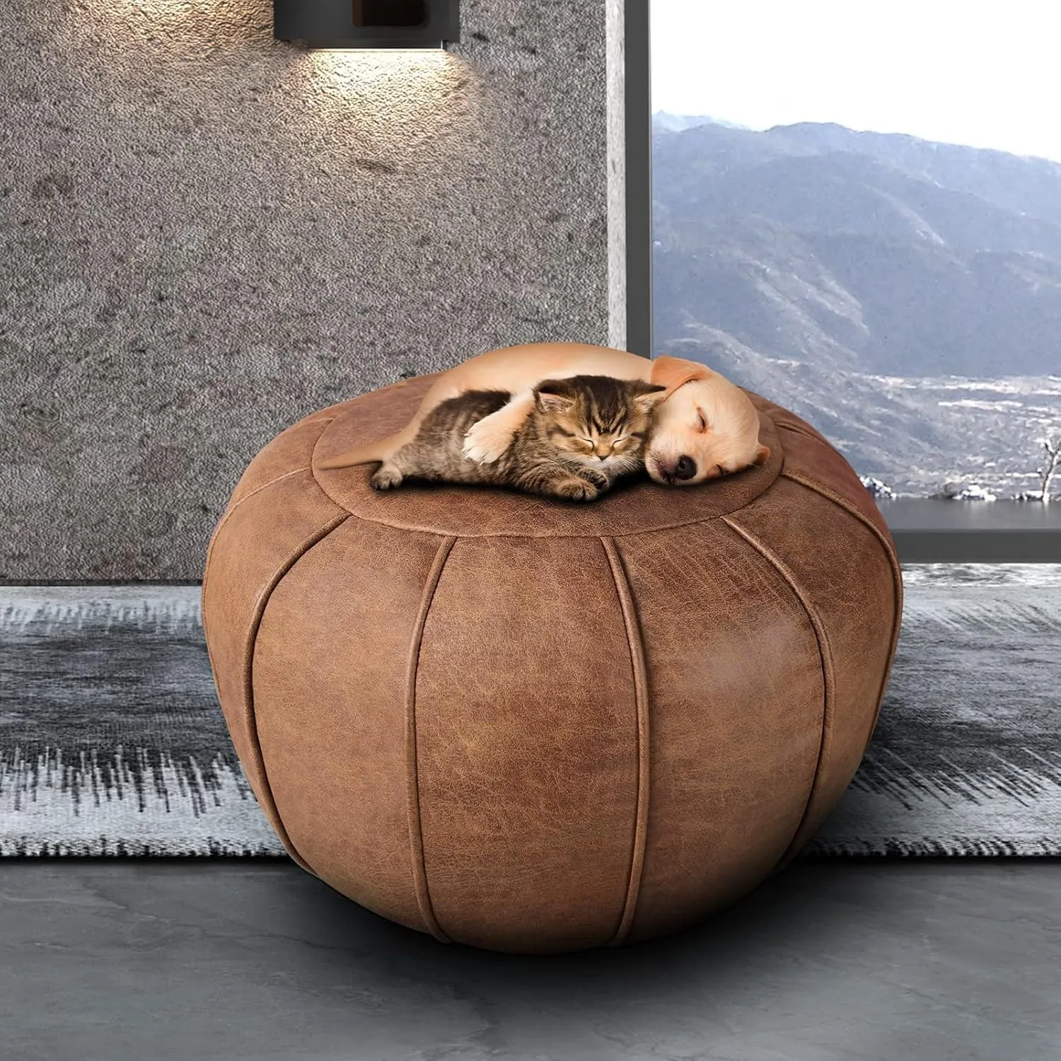 Louis Donné Unstuffed Pouf Ottoman, Round Supersoft Handmade Home Decoration Pouf Cover, Storage can be fullfilled Solution, Foot Rest, Footstool, Pouffe Balcony Office Indoor Brown (Only Cover)