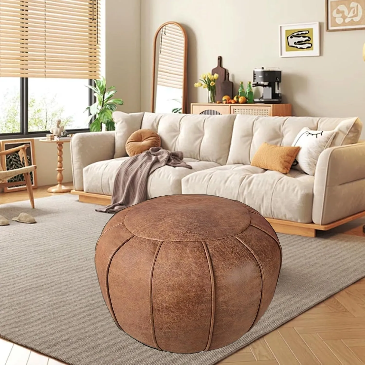Louis Donné Unstuffed Pouf Ottoman, Round Supersoft Handmade Home Decoration Pouf Cover, Storage can be fullfilled Solution, Foot Rest, Footstool, Pouffe Balcony Office Indoor Brown (Only Cover)