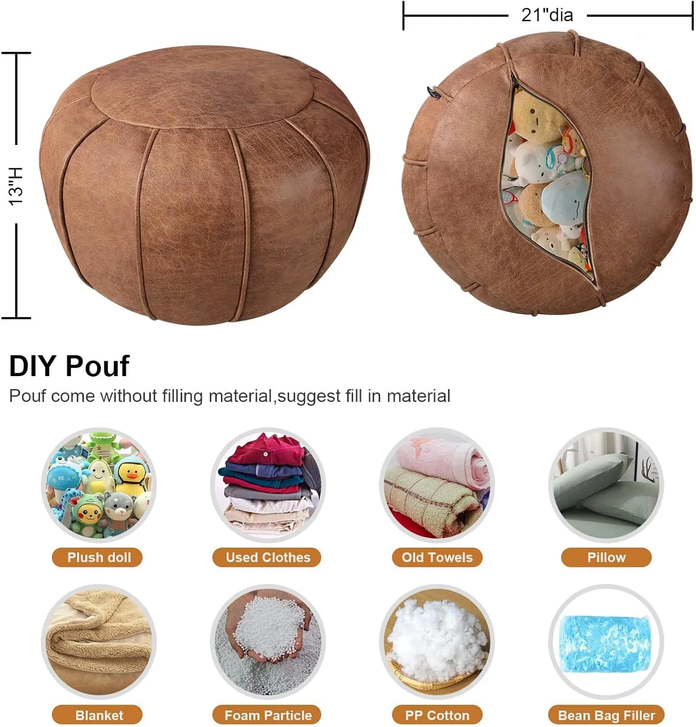 Louis Donné Unstuffed Pouf Ottoman, Round Supersoft Handmade Home Decoration Pouf Cover, Storage can be fullfilled Solution, Foot Rest, Footstool, Pouffe Balcony Office Indoor Brown (Only Cover)