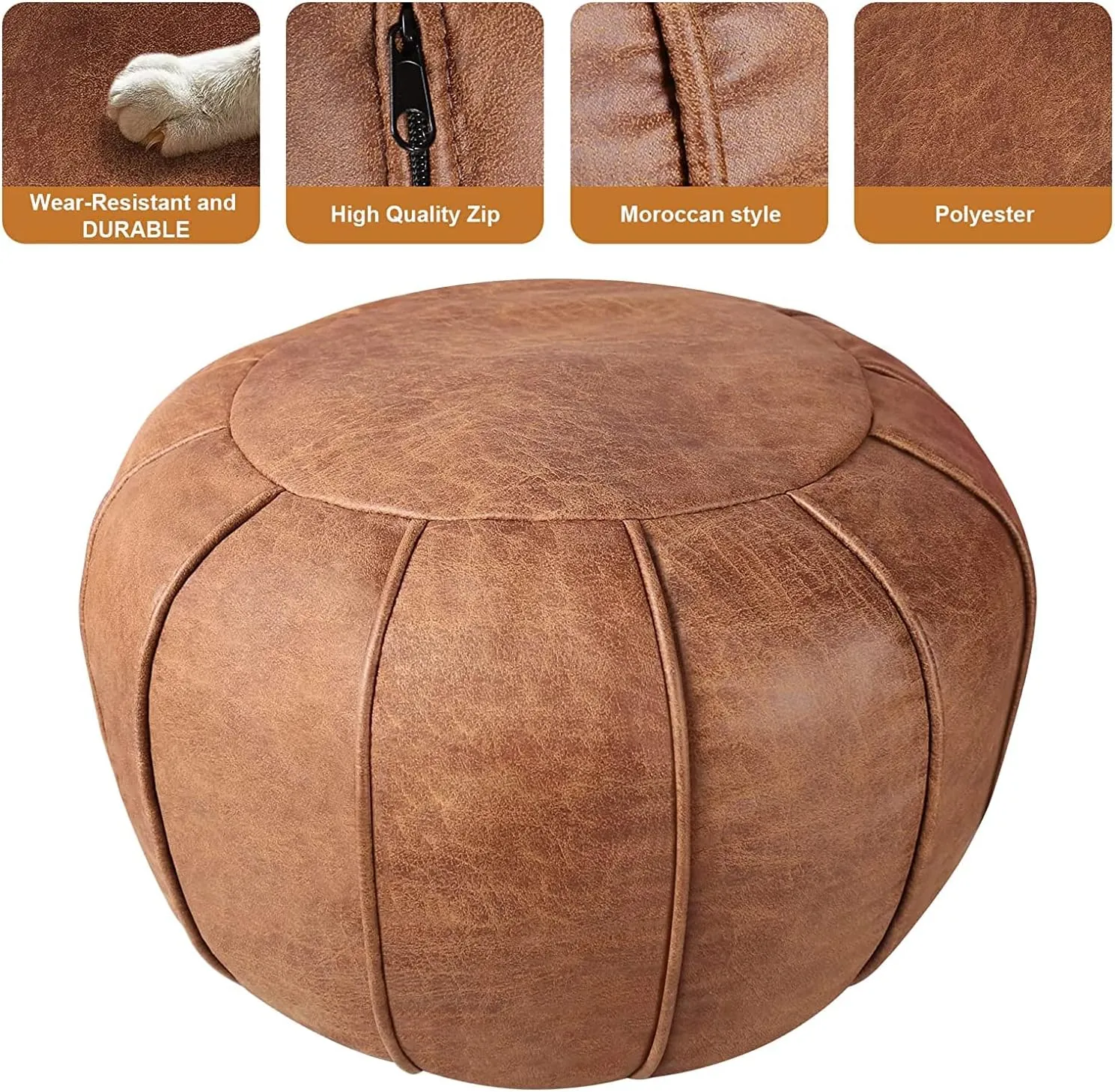 Louis Donné Unstuffed Pouf Ottoman, Round Supersoft Handmade Home Decoration Pouf Cover, Storage can be fullfilled Solution, Foot Rest, Footstool, Pouffe Balcony Office Indoor Brown (Only Cover)