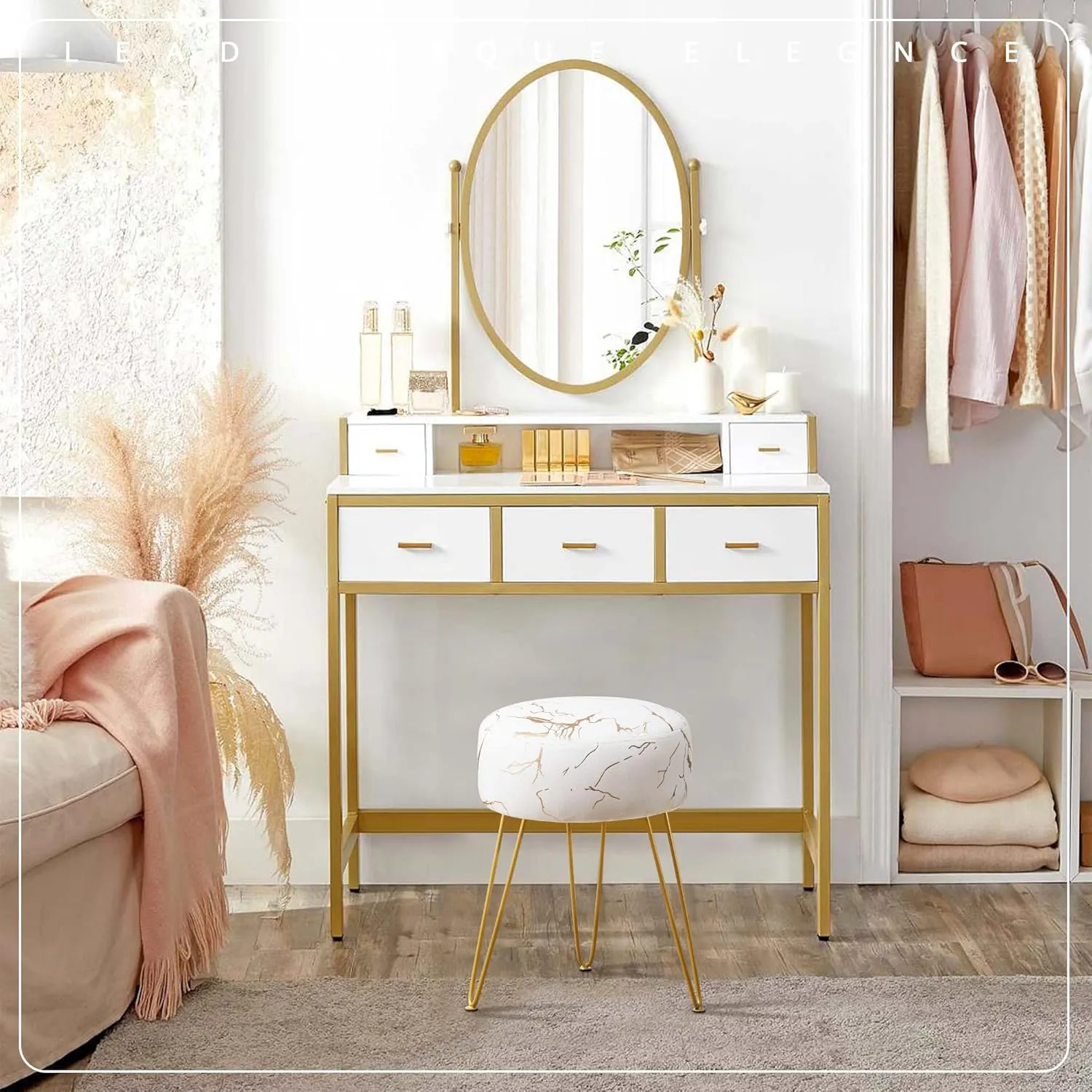 LUE BONA Vanity Stool, Gold Vanity Stools for Makeup Room, Round Ottoman Foot Stool, Velvet Footrest Vanity Chair for Bathroom Vanity, Bedroom, Living Room, Entryway, Offices