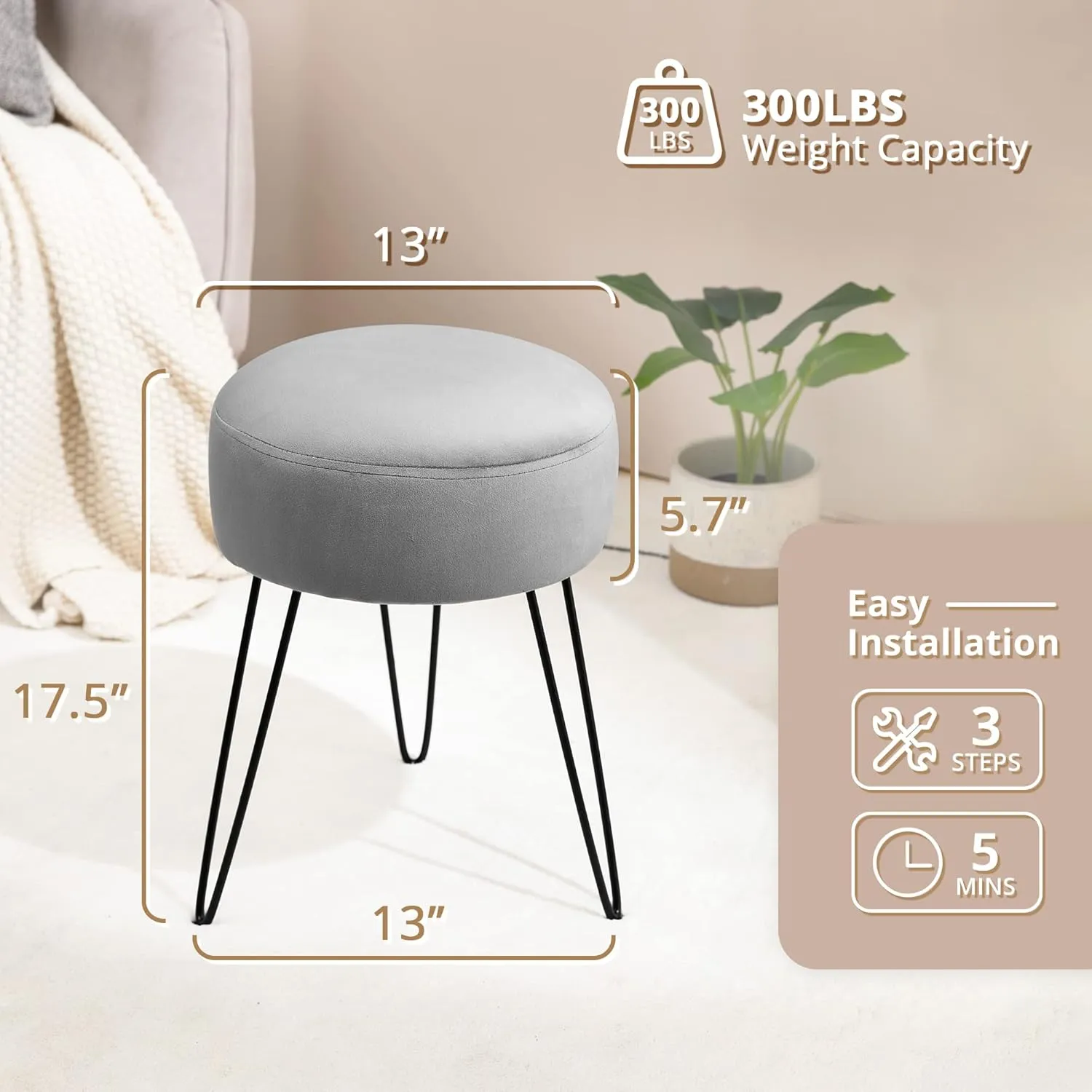 LUE BONA Vanity Stool, Gray Vanity Stools for Makeup Room, Round Ottoman Foot Stool, Velvet Footrest Vanity Chair for Bathroom Vanity, Bedroom, Living Room, Entryway, Offices
