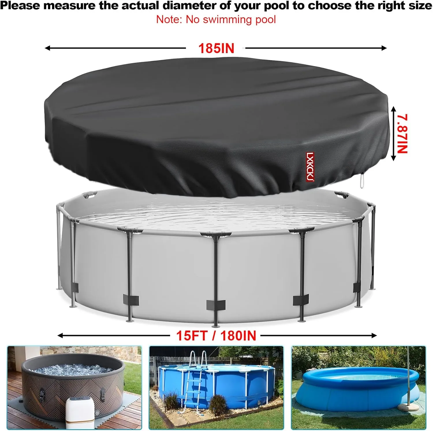 LXKCKJ 15 Ft Round Pool Cover, Solar Covers for Above Ground Pools, Summer Pool Cover Protector with Cover Accessories, PE Tarp Ideal for Waterproof and Dustproof (Black)