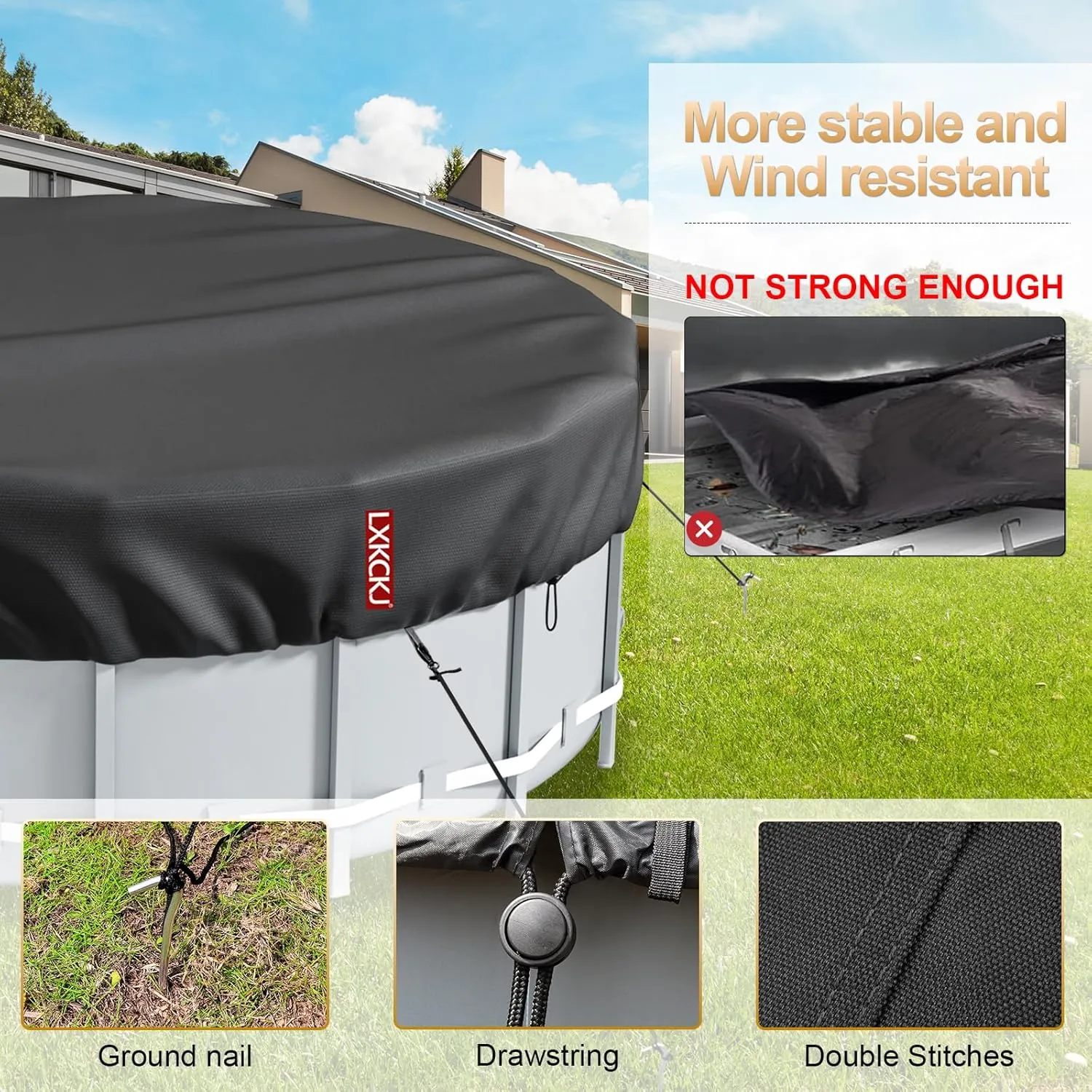 LXKCKJ 15 Ft Round Pool Cover, Solar Covers for Above Ground Pools, Summer Pool Cover Protector with Cover Accessories, PE Tarp Ideal for Waterproof and Dustproof (Black)