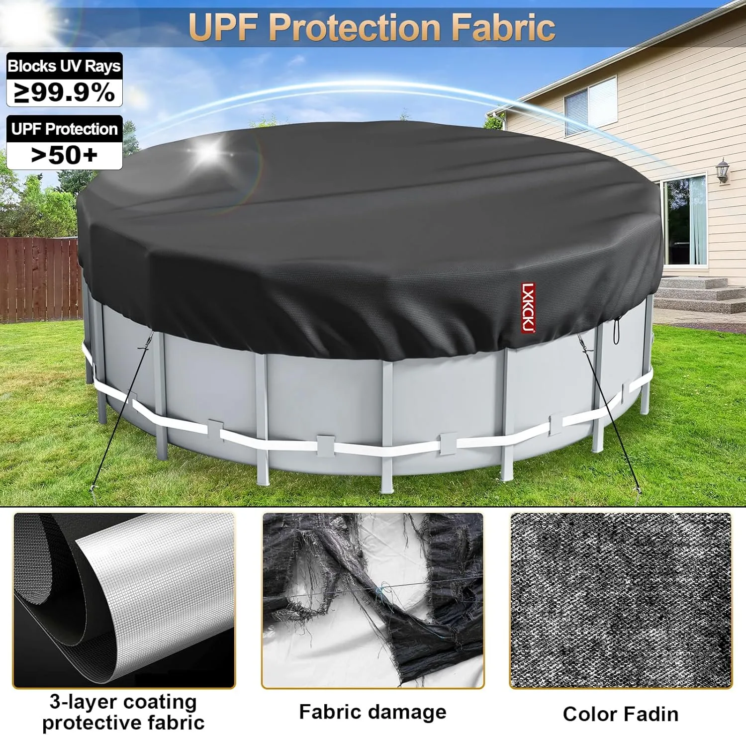 LXKCKJ 15 Ft Round Pool Cover, Solar Covers for Above Ground Pools, Summer Pool Cover Protector with Cover Accessories, PE Tarp Ideal for Waterproof and Dustproof (Black)