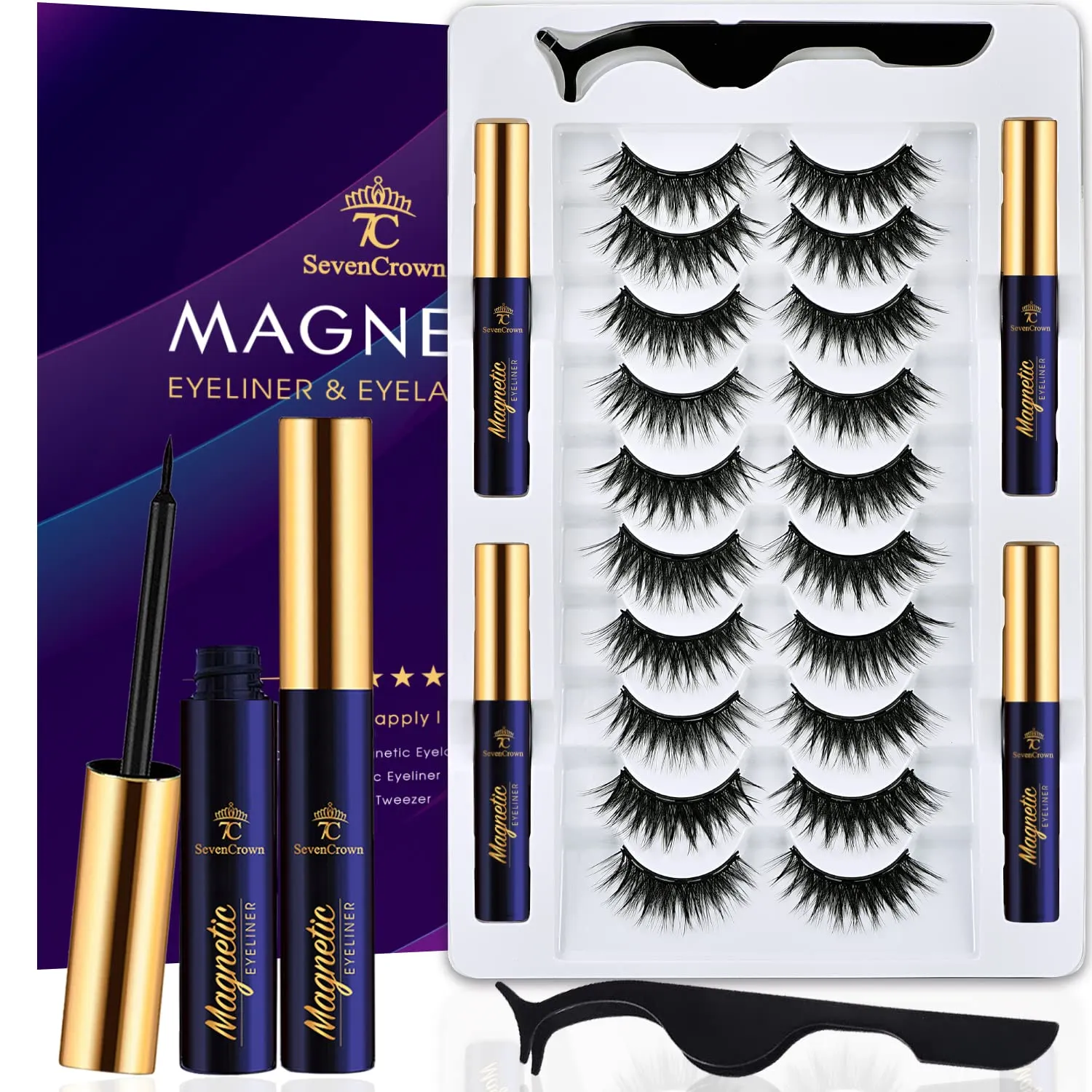Magnetic Eyelashes Lashes with Eyeliner, 10 Pairs Medium Cat Eye Wispy Magnetic False Eyelash Natural Look,Pestañas Magneticas, Upgraded Long Lasting,Lightweight,Cruelty-Free,Easy