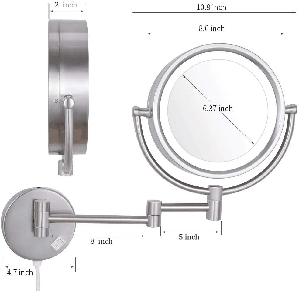 Magnifying Wall Mounted Makeup Mirror 10X, Double-Sided Makeup Mirror 8inch Makeup Mirror with Led Lights, 360 Rotation for Makeup, Shaving, Facial Care,USB Rechargeable