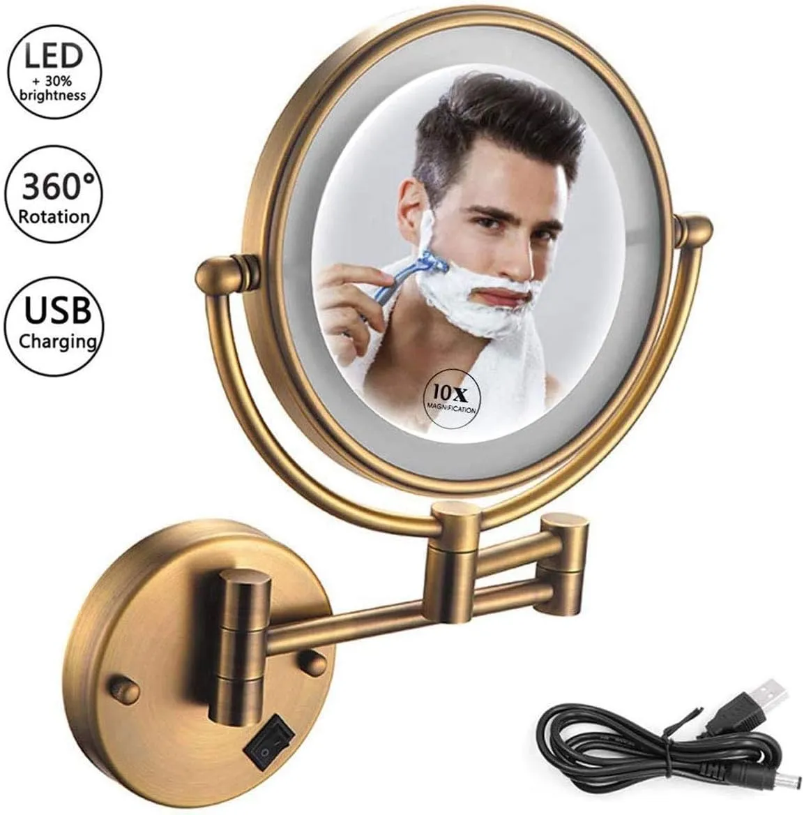 Magnifying Wall Mounted Makeup Mirror 10X, Double-Sided Makeup Mirror 8inch Makeup Mirror with Led Lights, 360 Rotation for Makeup, Shaving, Facial Care,USB Rechargeable