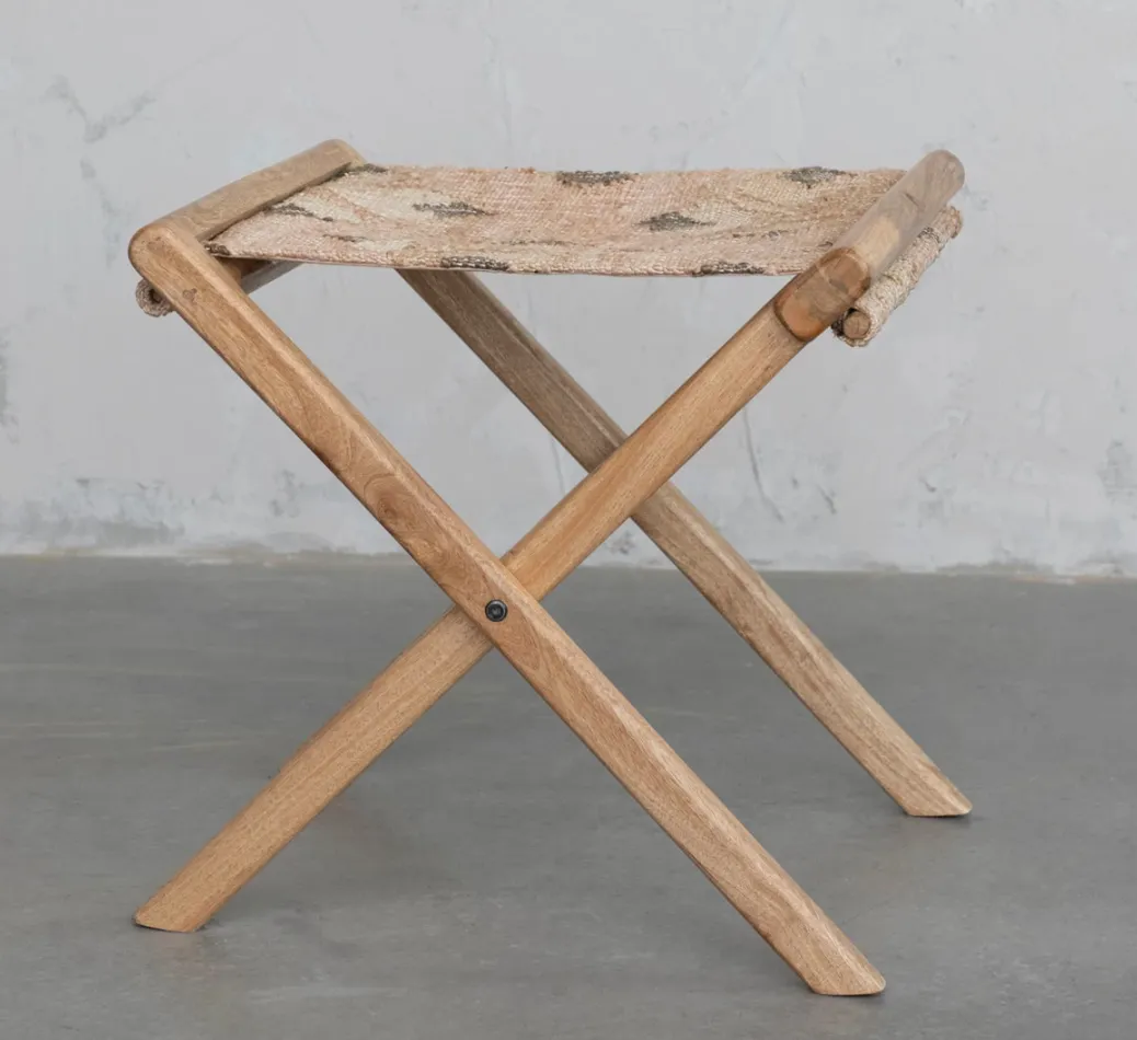 Mango Wood & Jute Kilim Folding Stool
