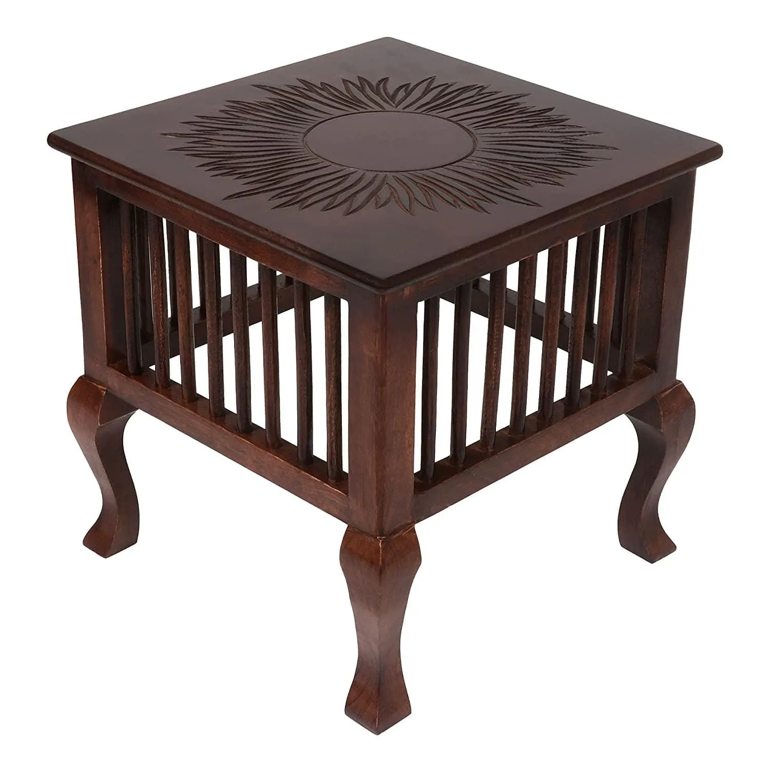Mango Wood Walnut Finish Handmade Carving Classic Side Table for Living Room