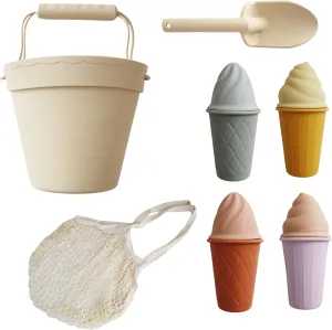 Marlowe & Co Silicone Ice Cream Toy Beach Set, Includes Bucket, Shovel, 4 Cone Sand Molds with Storage Bag (Classic Retro)