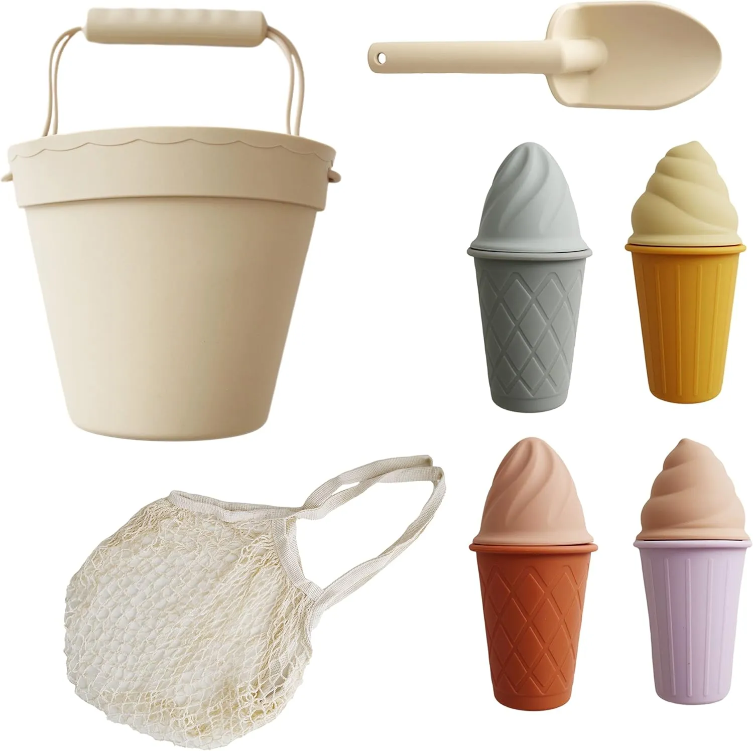 Marlowe & Co Silicone Ice Cream Toy Beach Set, Includes Bucket, Shovel, 4 Cone Sand Molds with Storage Bag (Classic Retro)