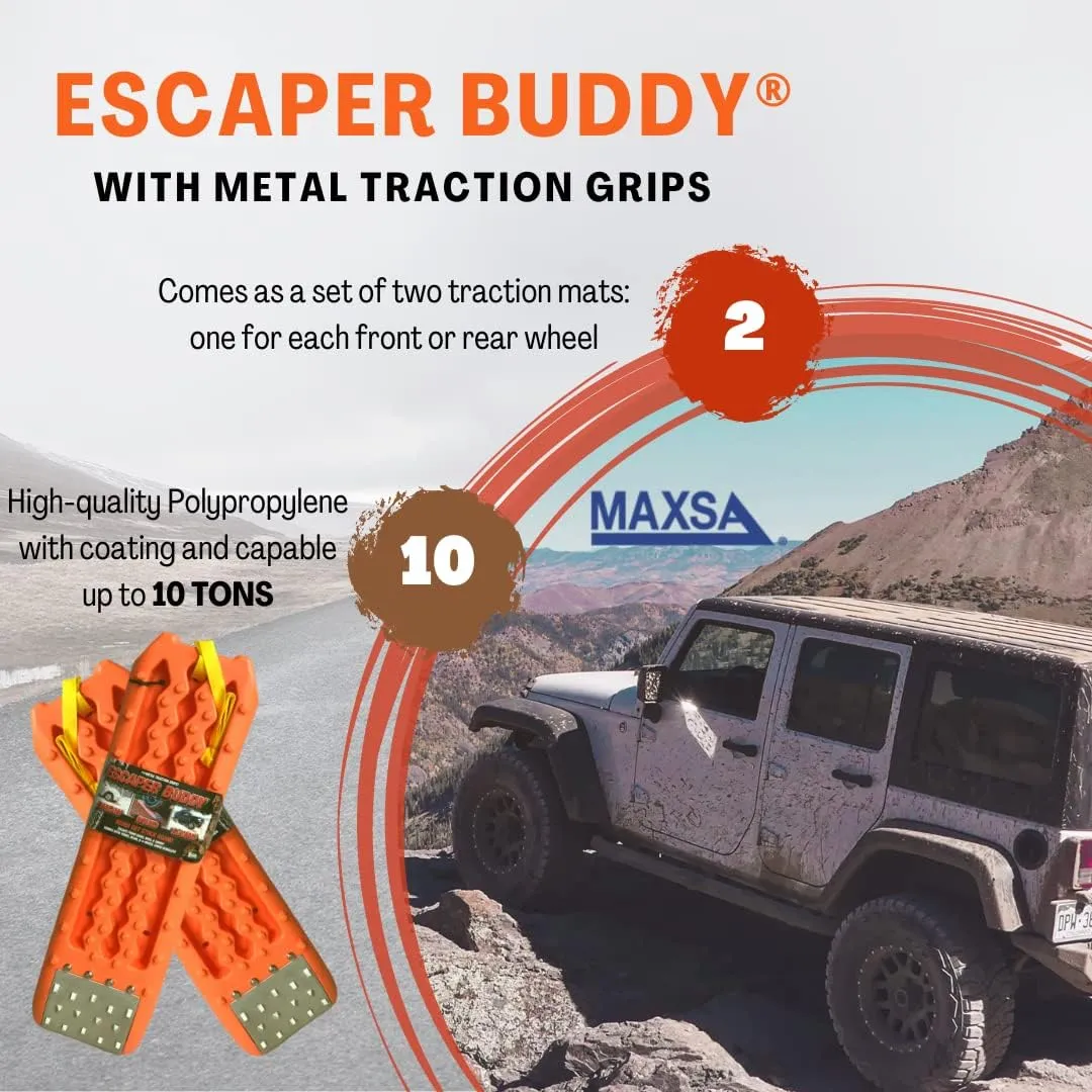 Maxsa 20322 Metal Gripped Escaper Buddy Traction Boards for Off-Road Mud, Sand, & Snow Vehicle Extraction, Bendable, Unbreakable, Orange, 2 Pack