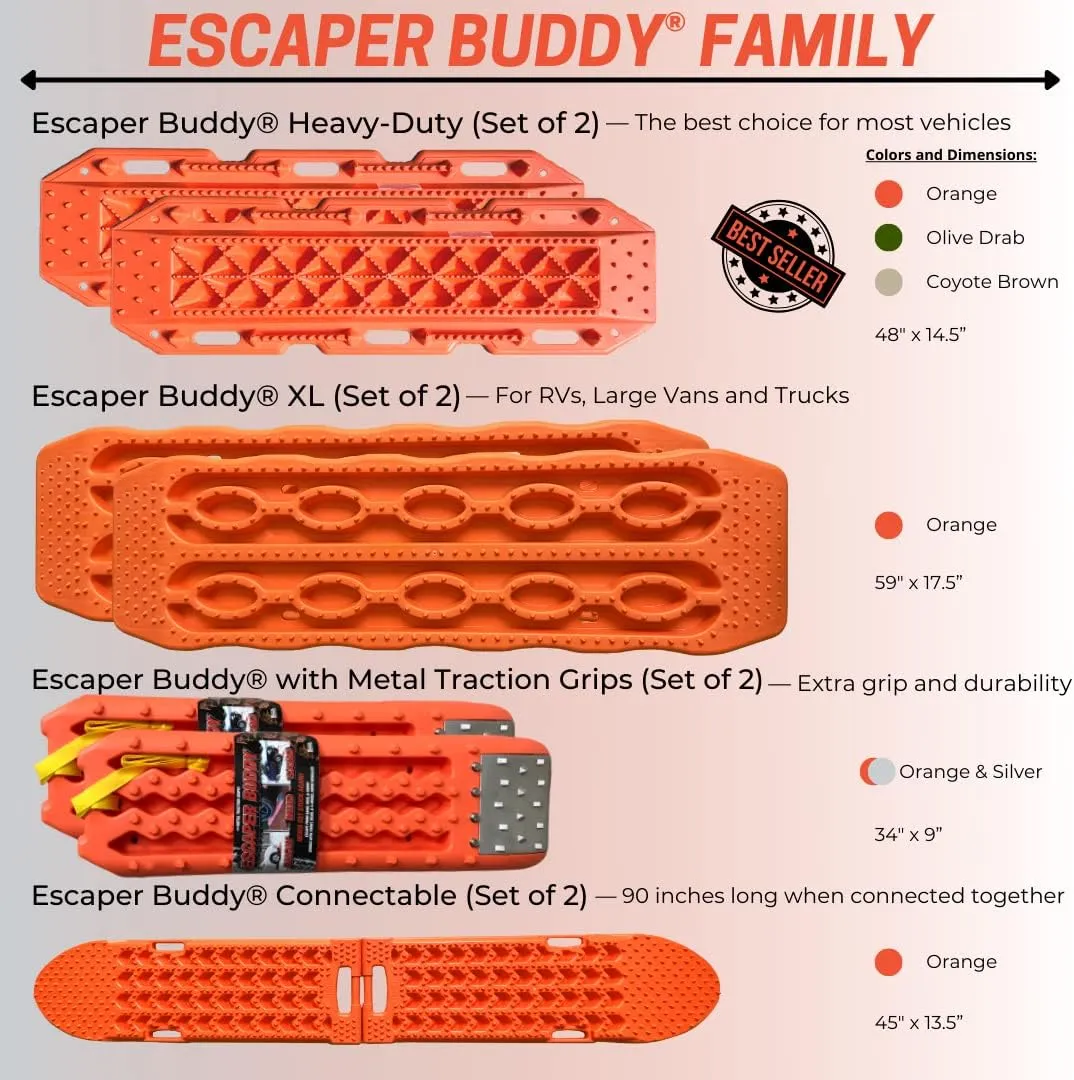 Maxsa 20322 Metal Gripped Escaper Buddy Traction Boards for Off-Road Mud, Sand, & Snow Vehicle Extraction, Bendable, Unbreakable, Orange, 2 Pack