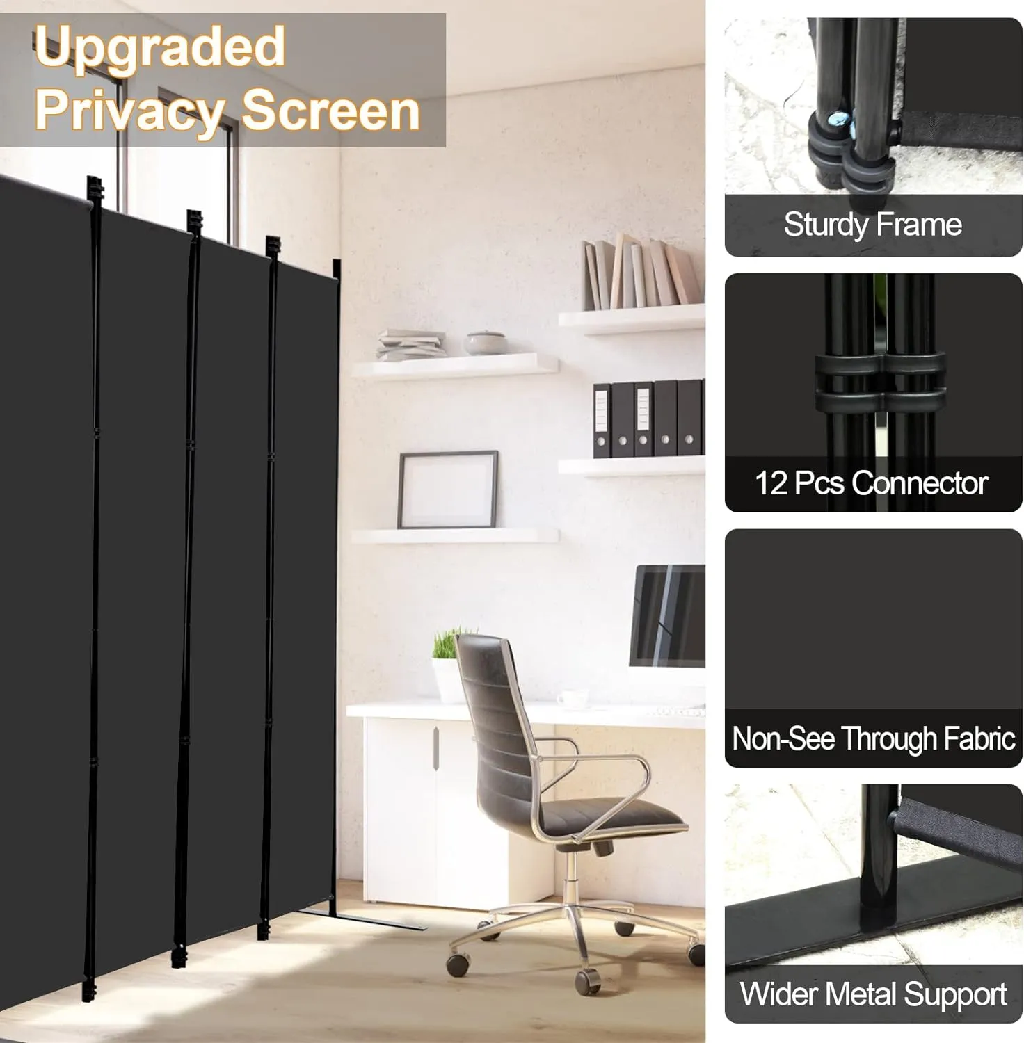 MAYOLIAH 6 Panel Folding Privacy Screen 9ft Wide, 6ft Tall Partition Room Divider Portable Office Walls Dividers, Black