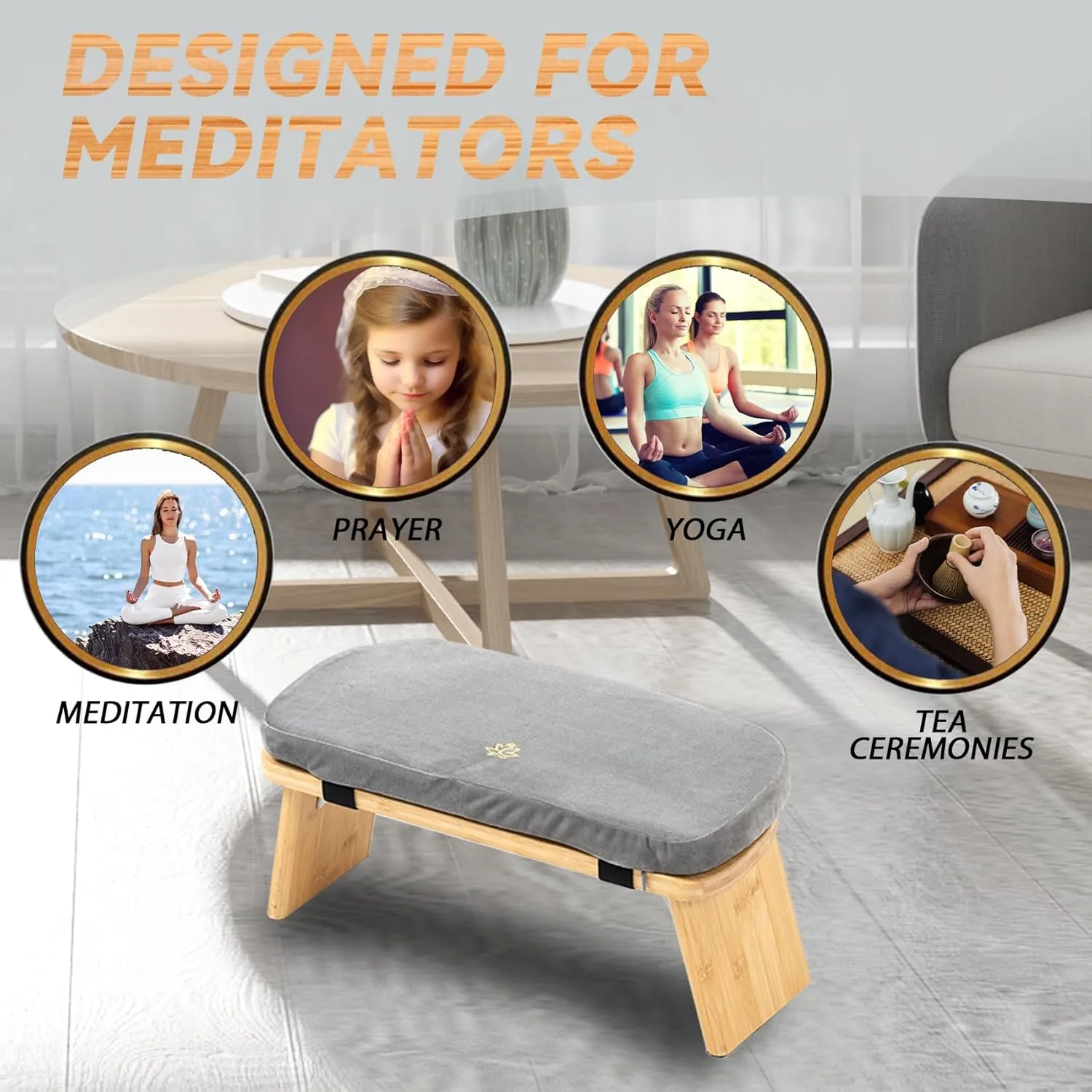 Meditation Bench, Bamboo Meditation Stool, Folding Kneeling Meditation Bench, Seiza Prayer Bench, Prayer Bench with Meditation Cushion, Kneeling Stool (Grey & Bag)
