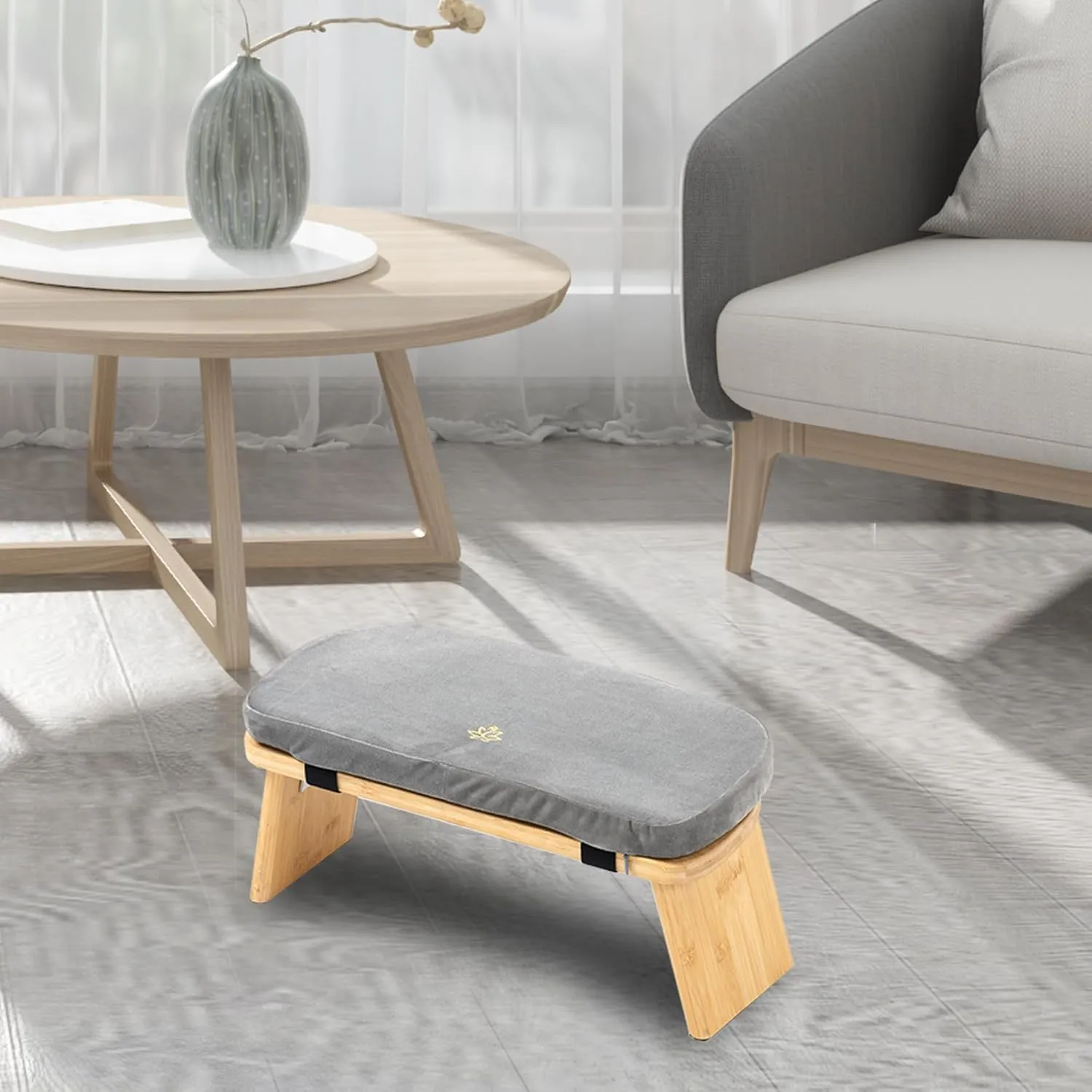 Meditation Bench, Bamboo Meditation Stool, Folding Kneeling Meditation Bench, Seiza Prayer Bench, Prayer Bench with Meditation Cushion, Kneeling Stool (Grey & Bag)