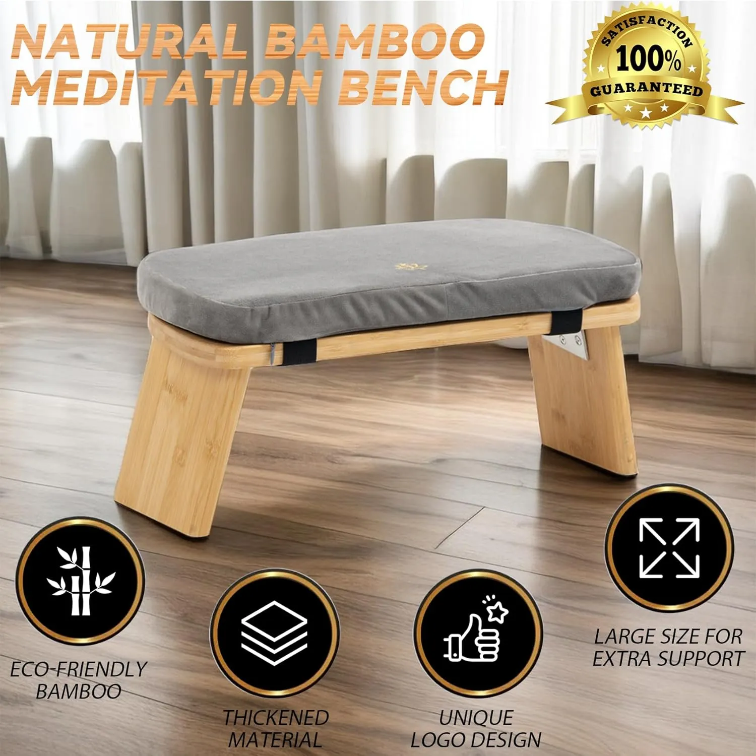 Meditation Bench, Bamboo Meditation Stool, Folding Kneeling Meditation Bench, Seiza Prayer Bench, Prayer Bench with Meditation Cushion, Kneeling Stool (Grey & Bag)