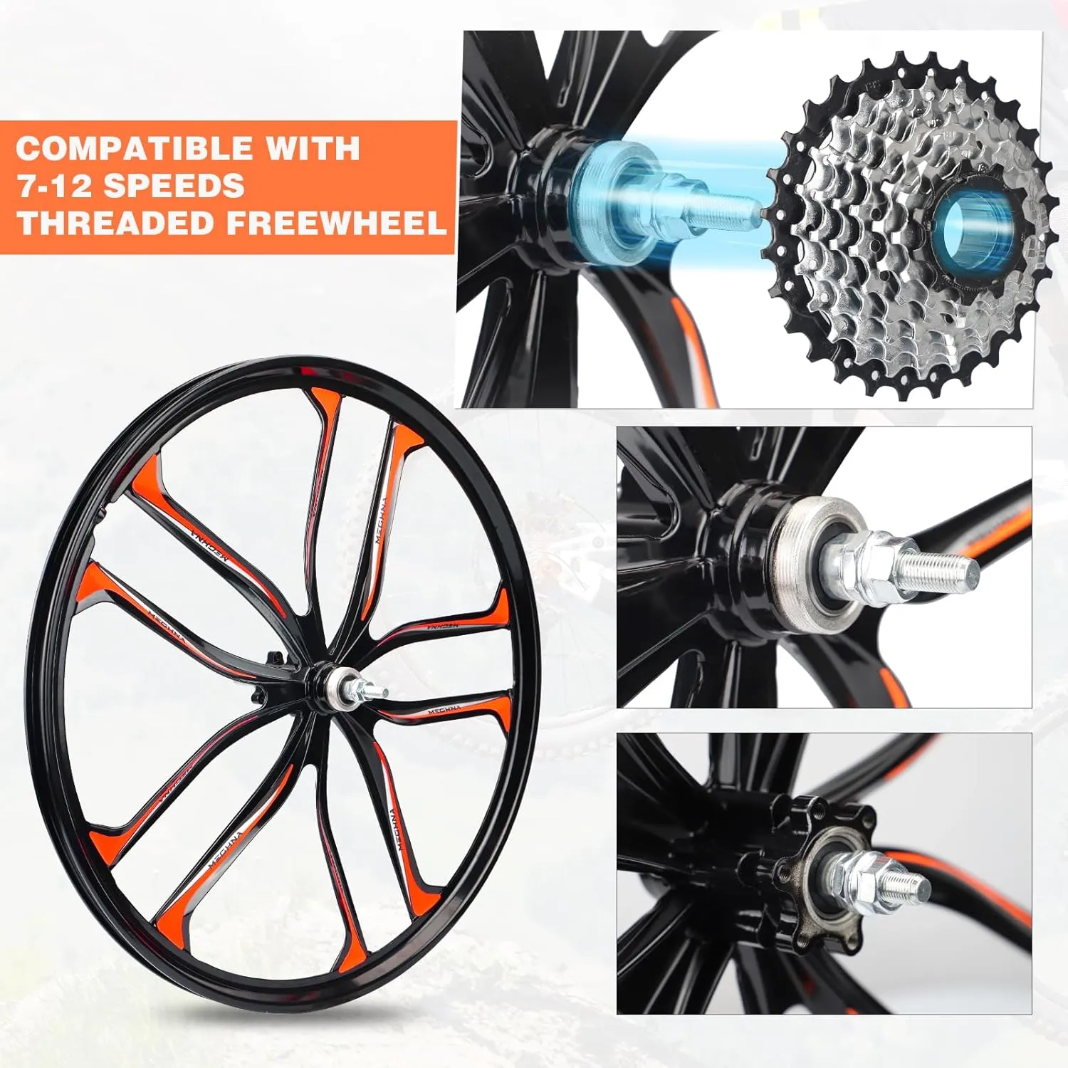 MEGHNA Bike Wheelset 10 Spokes Lightweight Aluminium 24/26 inch Integrated Wheel Compatible with 6 Bolts Disc Brake 7-12 Speed Thread Freewheel Hub for Mountain Bike Kids Bike Folding Bike