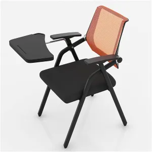 MEHWSUR Student Chair with Desk Attached,Tablet Arm Chair Mesh Office Chair with Lumbar Support,Foldable Computer Desk Chair with Writing Board and Cup Holder Metal Frame Backrest (Color : Orange)