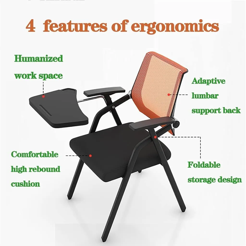 MEHWSUR Student Chair with Desk Attached,Tablet Arm Chair Mesh Office Chair with Lumbar Support,Foldable Computer Desk Chair with Writing Board and Cup Holder Metal Frame Backrest (Color : Orange)