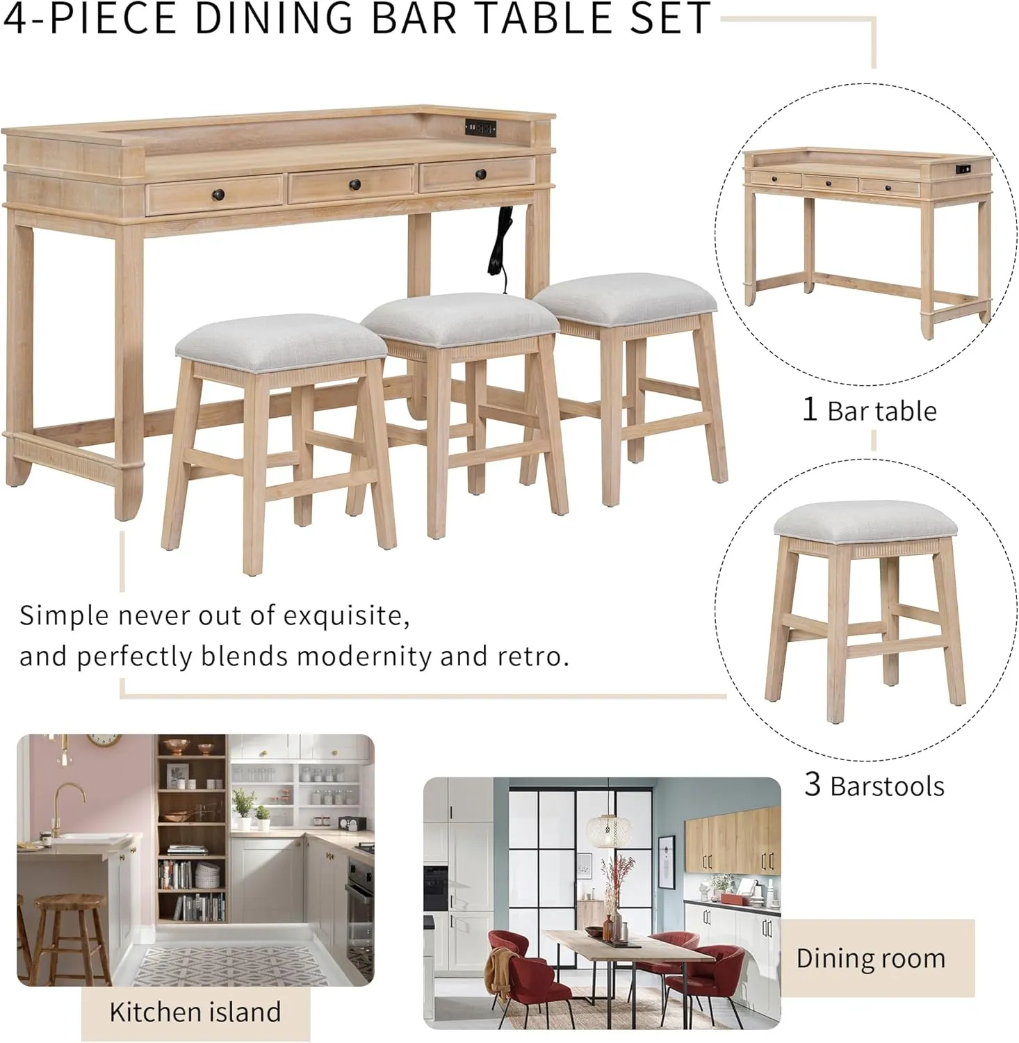 Merax 4-Piece Natural Wash Farmhouse Set with USB Charging/Drawers Wood Table with 3 Cushion Stool for Kitchen Dining Room