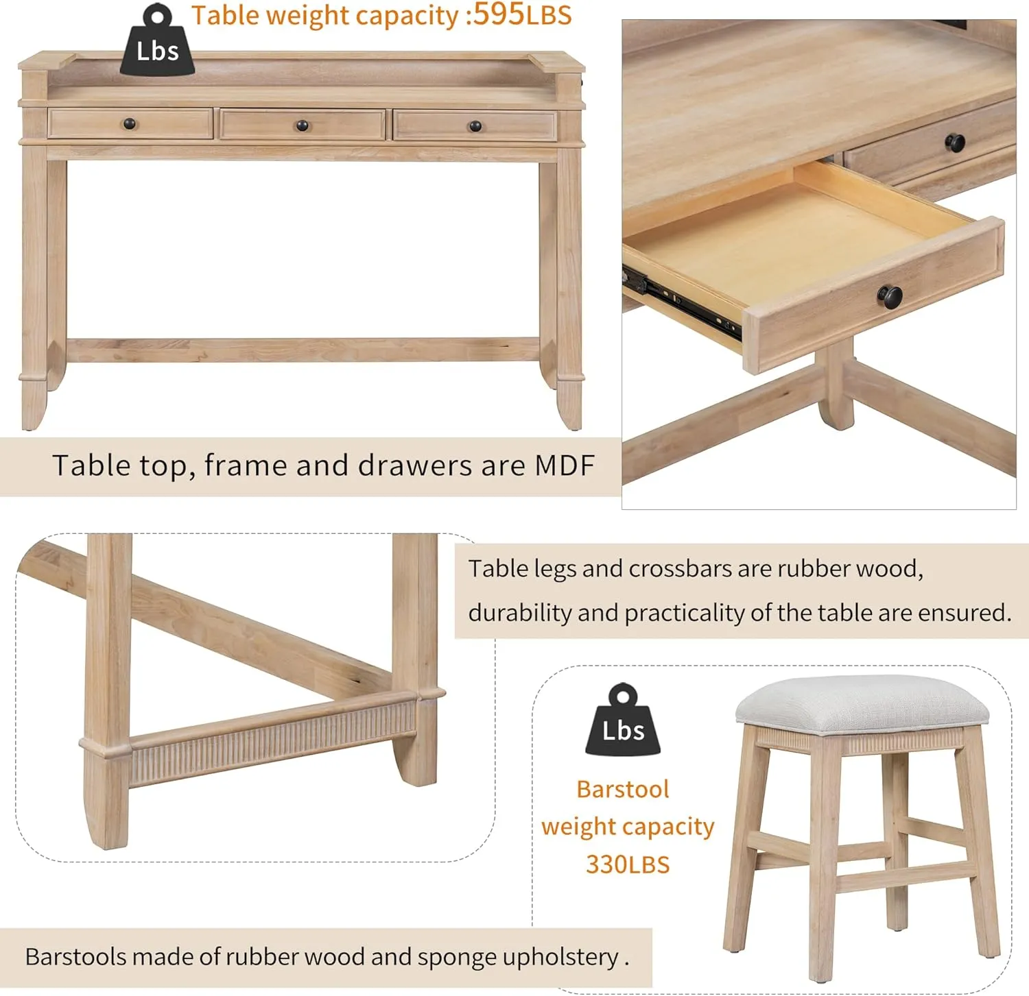 Merax 4-Piece Natural Wash Farmhouse Set with USB Charging/Drawers Wood Table with 3 Cushion Stool for Kitchen Dining Room