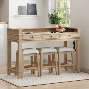 Merax 4-Piece Natural Wash Farmhouse Set with USB Charging/Drawers Wood Table with 3 Cushion Stool for Kitchen Dining Room