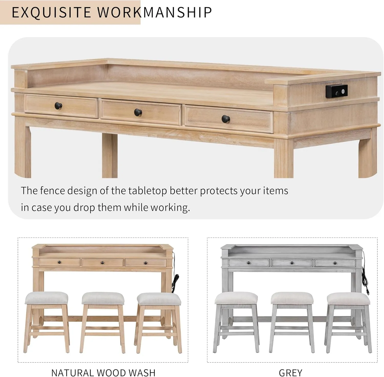 Merax 4-Piece Natural Wash Farmhouse Set with USB Charging/Drawers Wood Table with 3 Cushion Stool for Kitchen Dining Room
