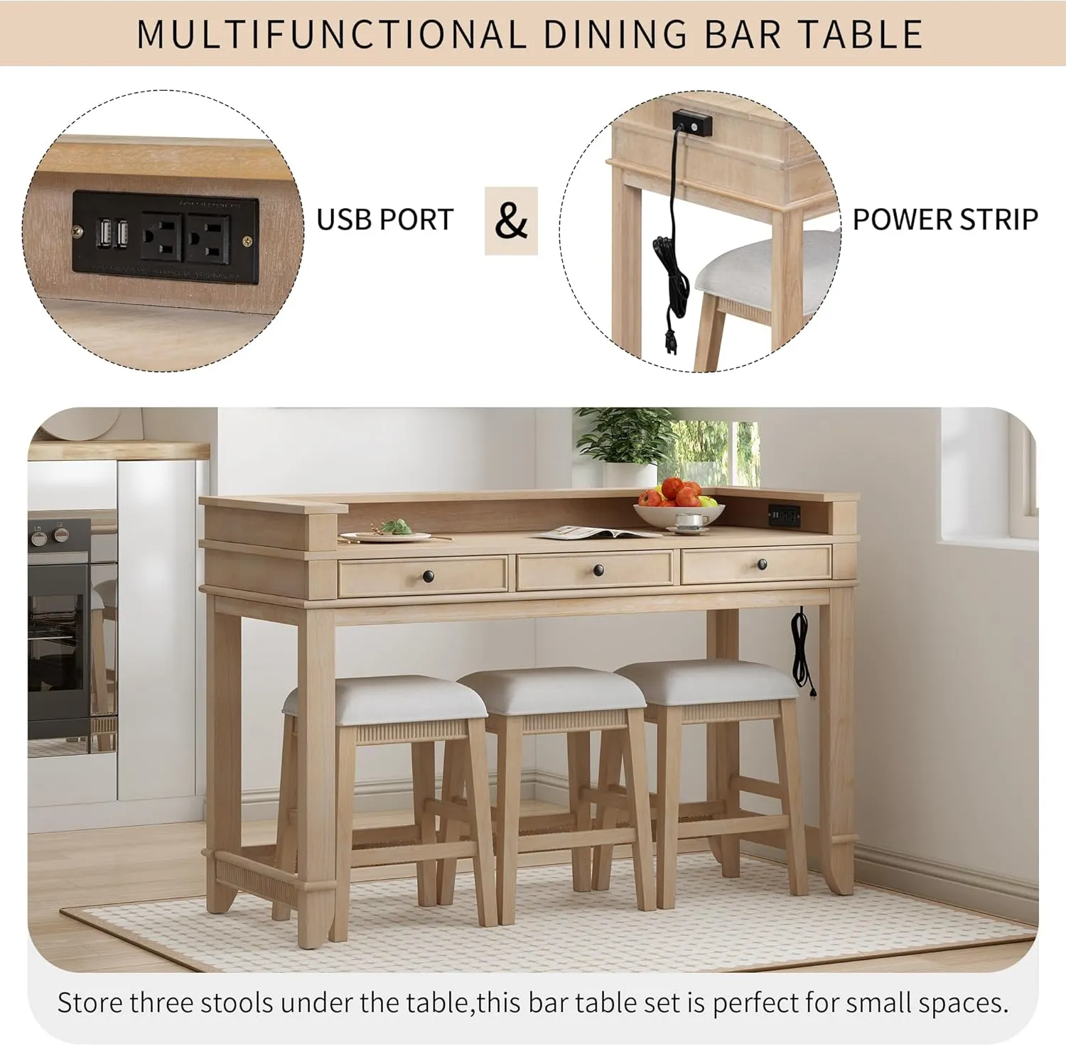 Merax 4-Piece Natural Wash Farmhouse Set with USB Charging/Drawers Wood Table with 3 Cushion Stool for Kitchen Dining Room