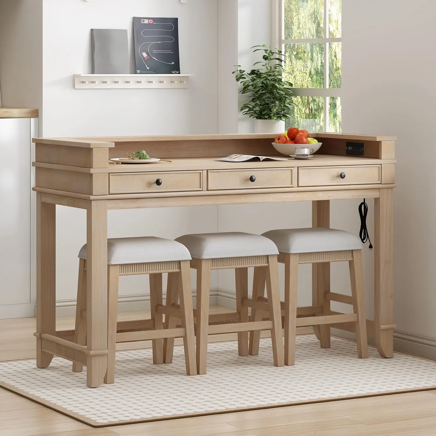 Merax 4-Piece Natural Wash Farmhouse Set with USB Charging/Drawers Wood Table with 3 Cushion Stool for Kitchen Dining Room