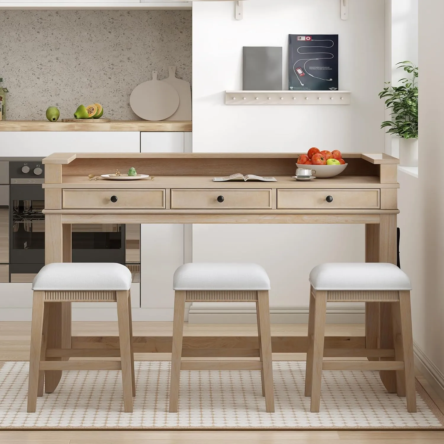 Merax 4-Piece Natural Wash Farmhouse Set with USB Charging/Drawers Wood Table with 3 Cushion Stool for Kitchen Dining Room