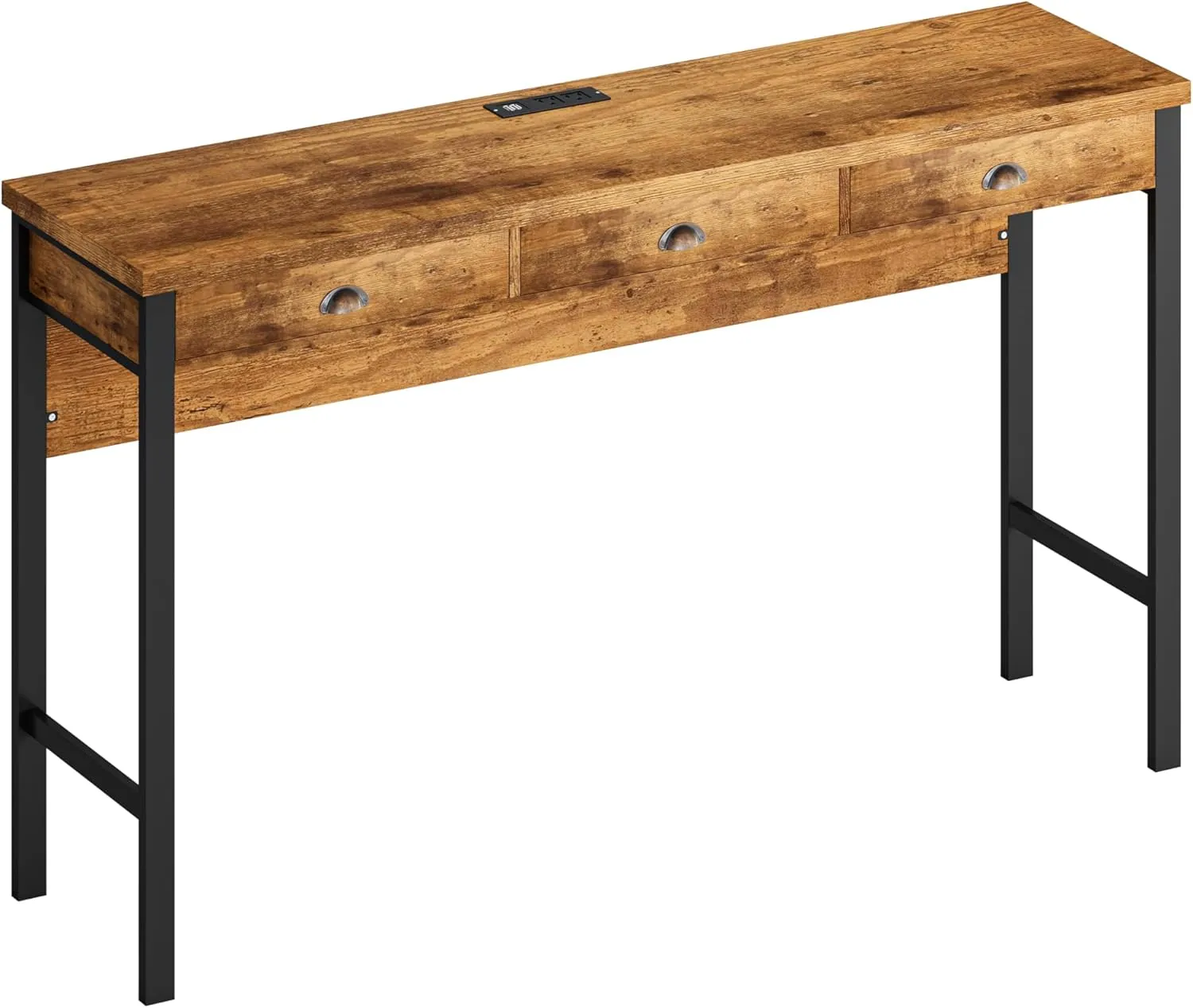 Merax Industrial Long Bar Table Set with Stools for 3, 4 Piece Kitchen Pub Table Set with Drawers and Charging Station, BrownWash