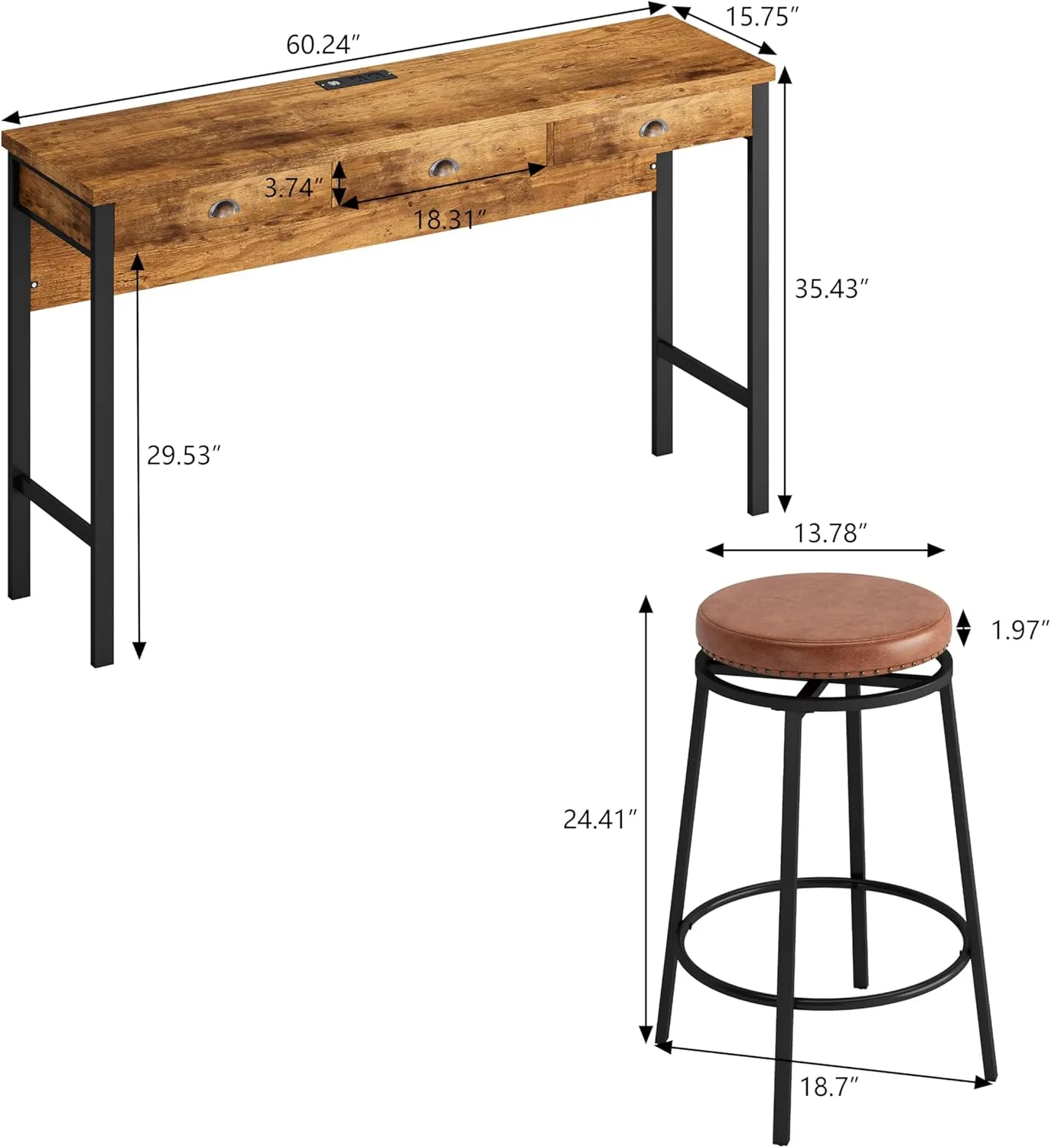 Merax Industrial Long Bar Table Set with Stools for 3, 4 Piece Kitchen Pub Table Set with Drawers and Charging Station, BrownWash