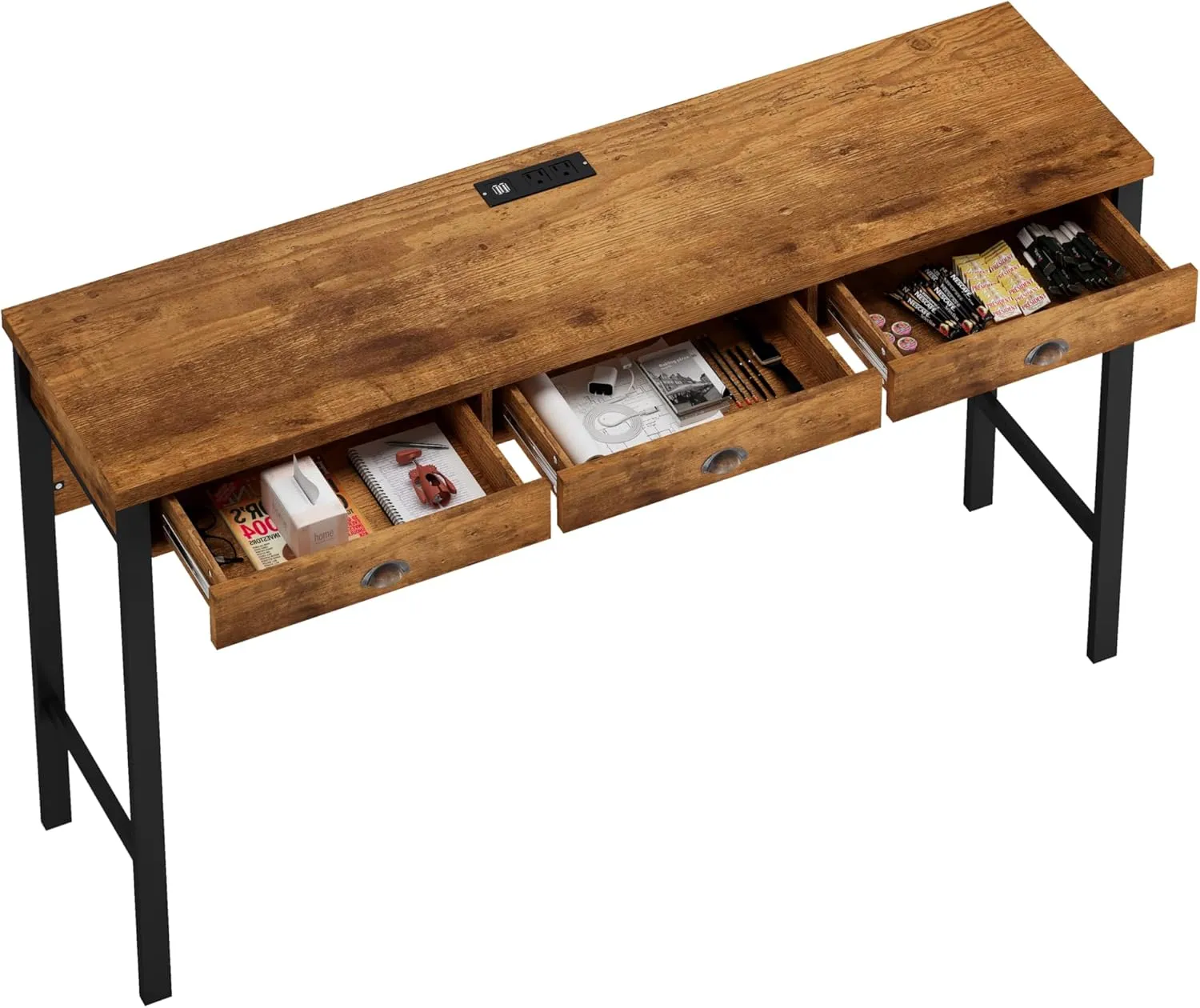 Merax Industrial Long Bar Table Set with Stools for 3, 4 Piece Kitchen Pub Table Set with Drawers and Charging Station, BrownWash