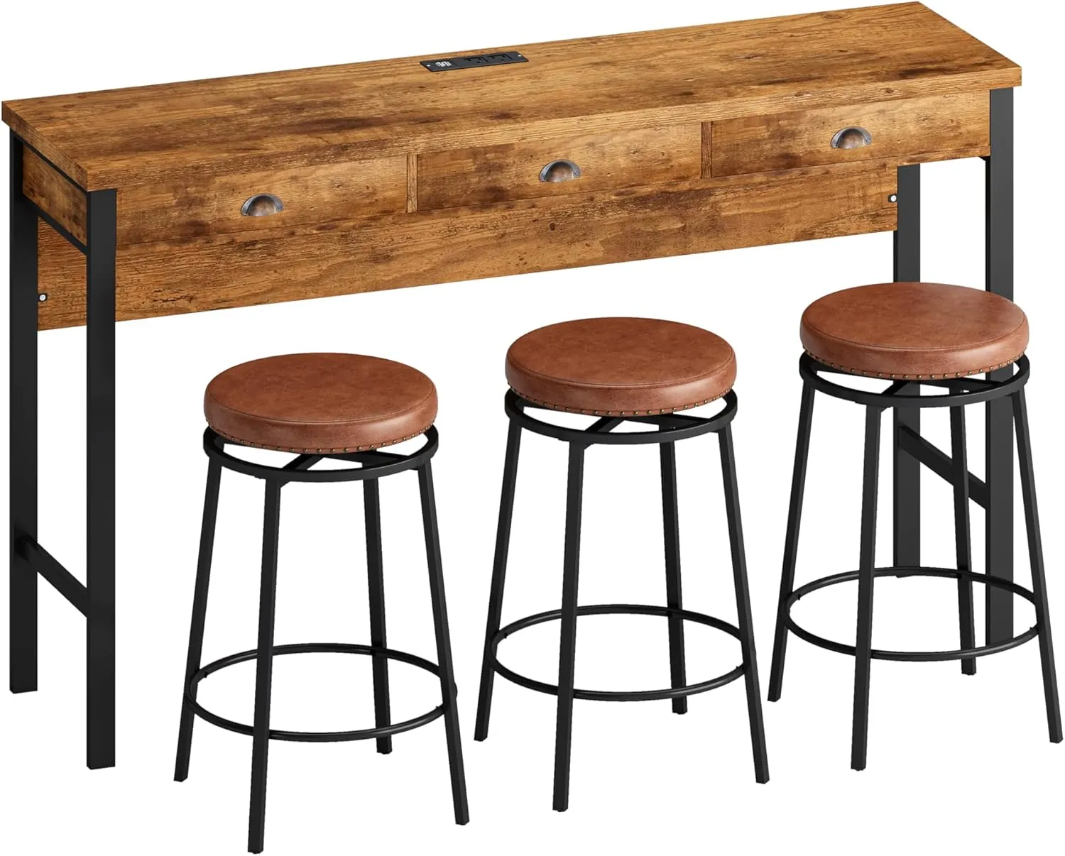 Merax Industrial Long Bar Table Set with Stools for 3, 4 Piece Kitchen Pub Table Set with Drawers and Charging Station, BrownWash