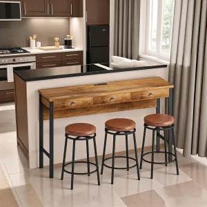 Merax Industrial Long Bar Table Set with Stools for 3, 4 Piece Kitchen Pub Table Set with Drawers and Charging Station, BrownWash