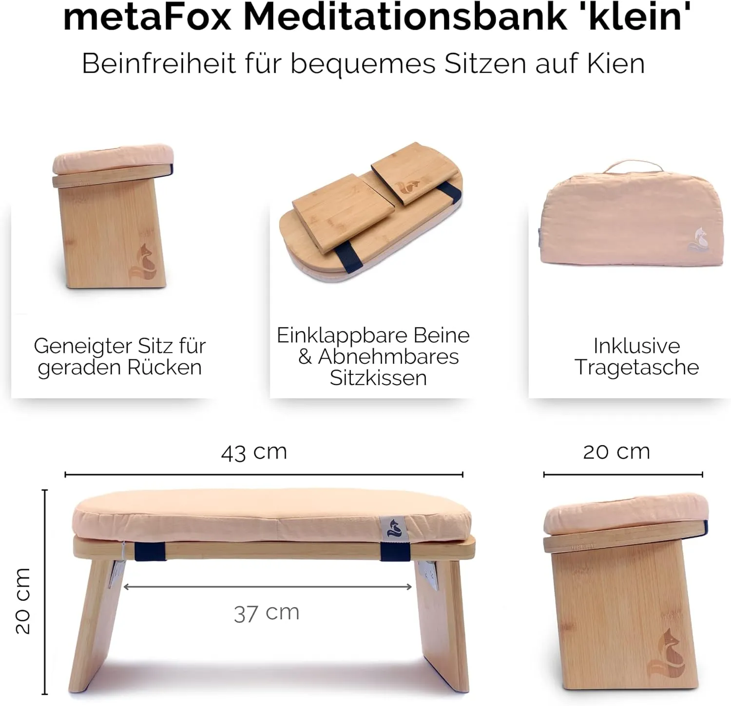 metaFox Meditation Bench | Foldable Bamboo Stool with Cushion and Carry Bag | for Your Mindfulness and Meditation Practice | Alternative to Meditation Cushion (Peach, Small)