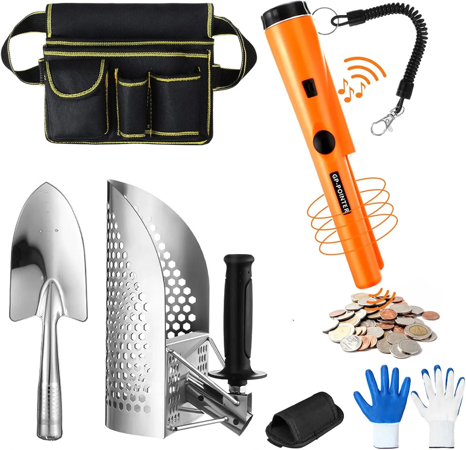 Metal Detector Kit Accessories Include Metal Detector Pinpointer, Sand Sifter Scoop, Shovel Glove, Finds Bag, Semi Waterproof Detection Handheld Pin Pointer Wand Accessories for Adult Treasure Hunting