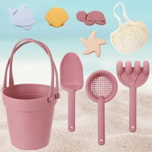 MEWTOGO 9Pcs Silicone Beach Toys for Kids - Girls Baby Sandbox Toys with Shovel Portable Beach Bag, Toddler Beach Bucket Set with Sand Toy Molds for Outdoor Summer Playset Travel (Pink)