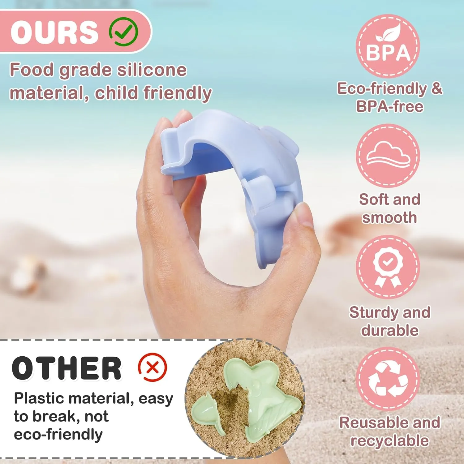 MEWTOGO 9Pcs Silicone Beach Toys for Kids - Girls Baby Sandbox Toys with Shovel Portable Beach Bag, Toddler Beach Bucket Set with Sand Toy Molds for Outdoor Summer Playset Travel (Pink)