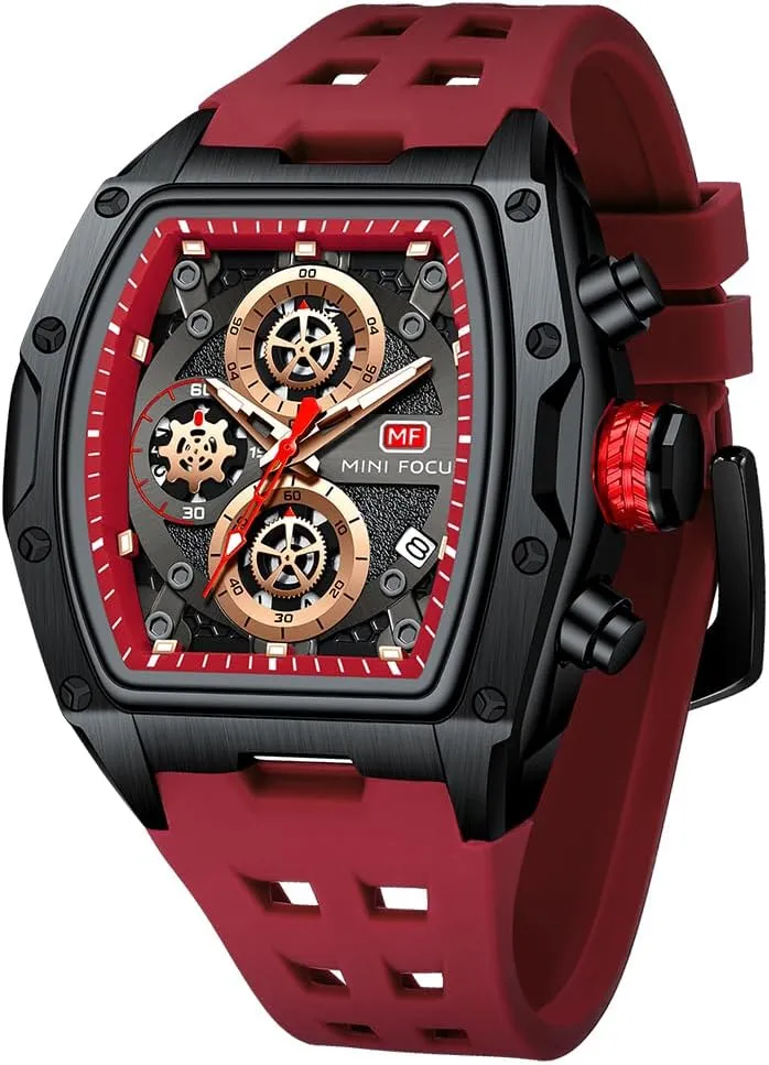 MF MINI FOCUS Watch for Men Wristwatch Fashion Hollow Big Dial Luminous Waterproof Sport Analog Quartz Business Chronograph Mens Watches Blue Silicon Strap Dress Watch（0473 Red