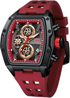 MF MINI FOCUS Watch for Men Wristwatch Fashion Hollow Big Dial Luminous Waterproof Sport Analog Quartz Business Chronograph Mens Watches Blue Silicon Strap Dress Watch（0473 Red