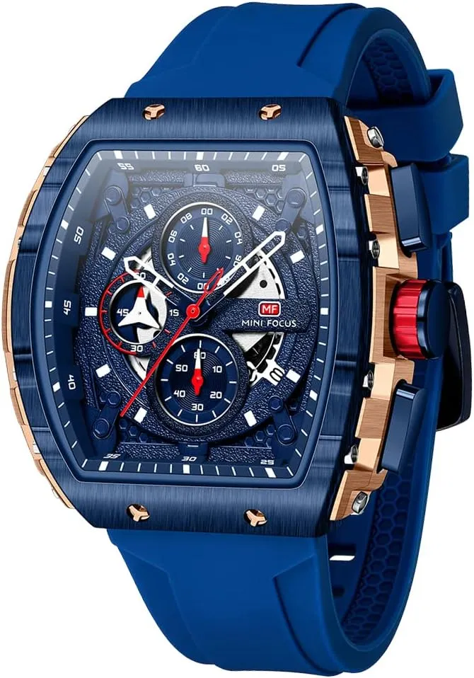MF MINI FOCUS Watch for Men Wristwatch Fashion Hollow Big Dial Luminous Waterproof Sport Analog Quartz Business Chronograph Mens Watches Blue Silicon Strap Dress Watch