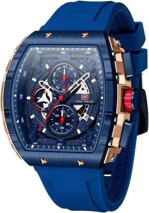 MF MINI FOCUS Watch for Men Wristwatch Fashion Hollow Big Dial Luminous Waterproof Sport Analog Quartz Business Chronograph Mens Watches Blue Silicon Strap Dress Watch